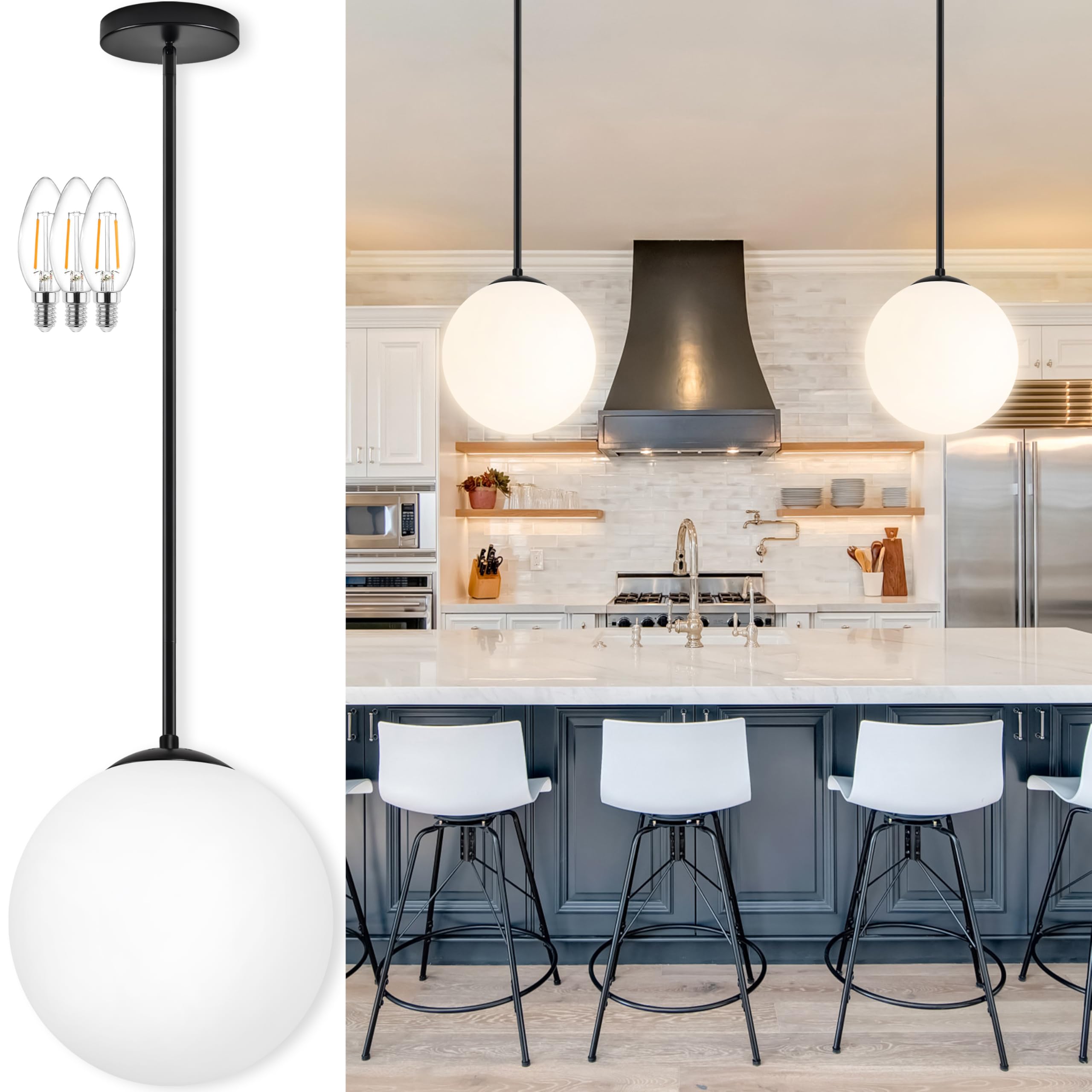 Bagood 14 Globe Pendant Light 3-Light Black Milk Glass Pendant Light Mid Century Modern Light Fixture Globe Pendant Lights Kitch