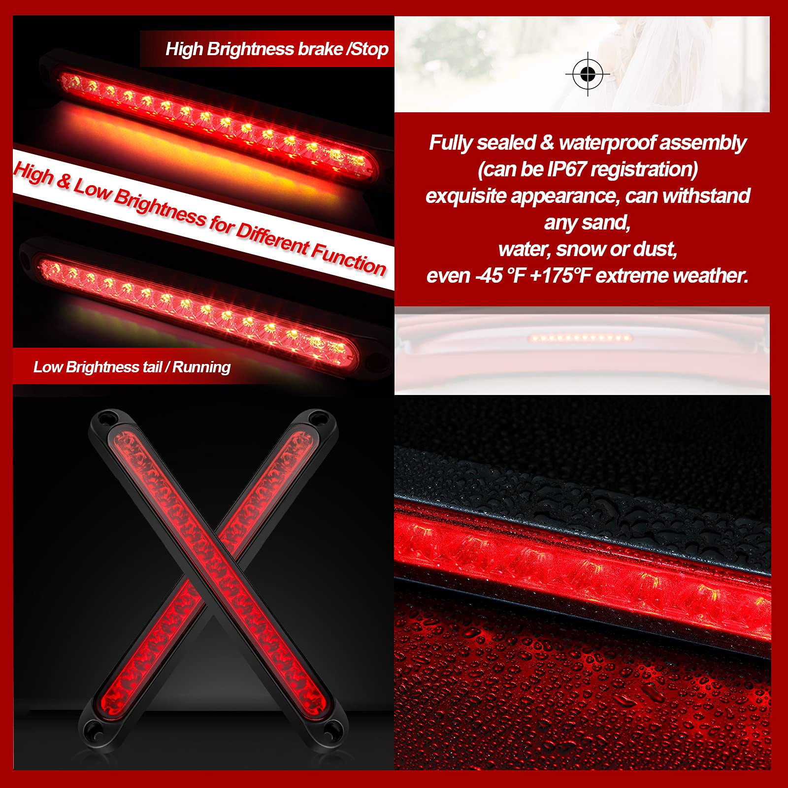 Frienda 4 Pieces 10 Inch 15 LED Tail Light Bar Trailer Light Stop LED Trailer Brake Waterproof Clearance Bar for Truck