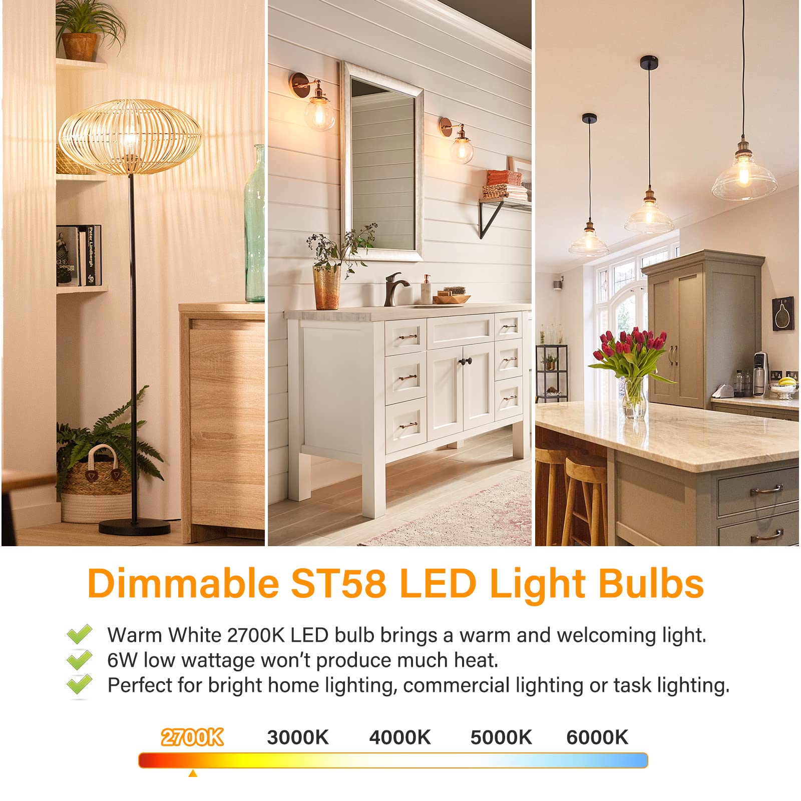 Maxvolador Vintage Led Edison Bulb Dimmable 60W Equivalent 850 Lumens, 6W Edison Light Bulbs 2700K, Antique St58 Led Filament Bu