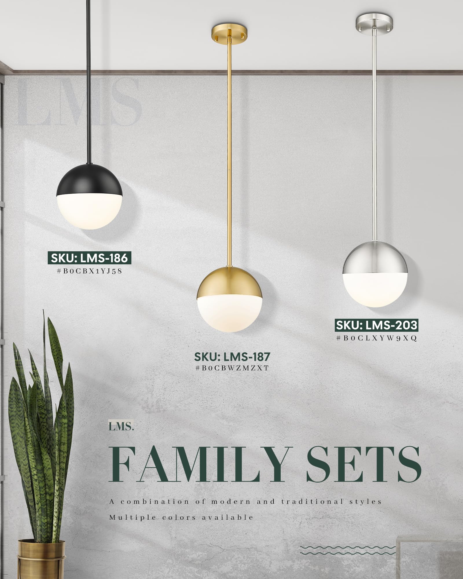 LMS Brushed Gold Pendant Lights 2-Pack, Adjustable Milky Globe Glass Shade, 8" for Kitchen Island & Dining Room