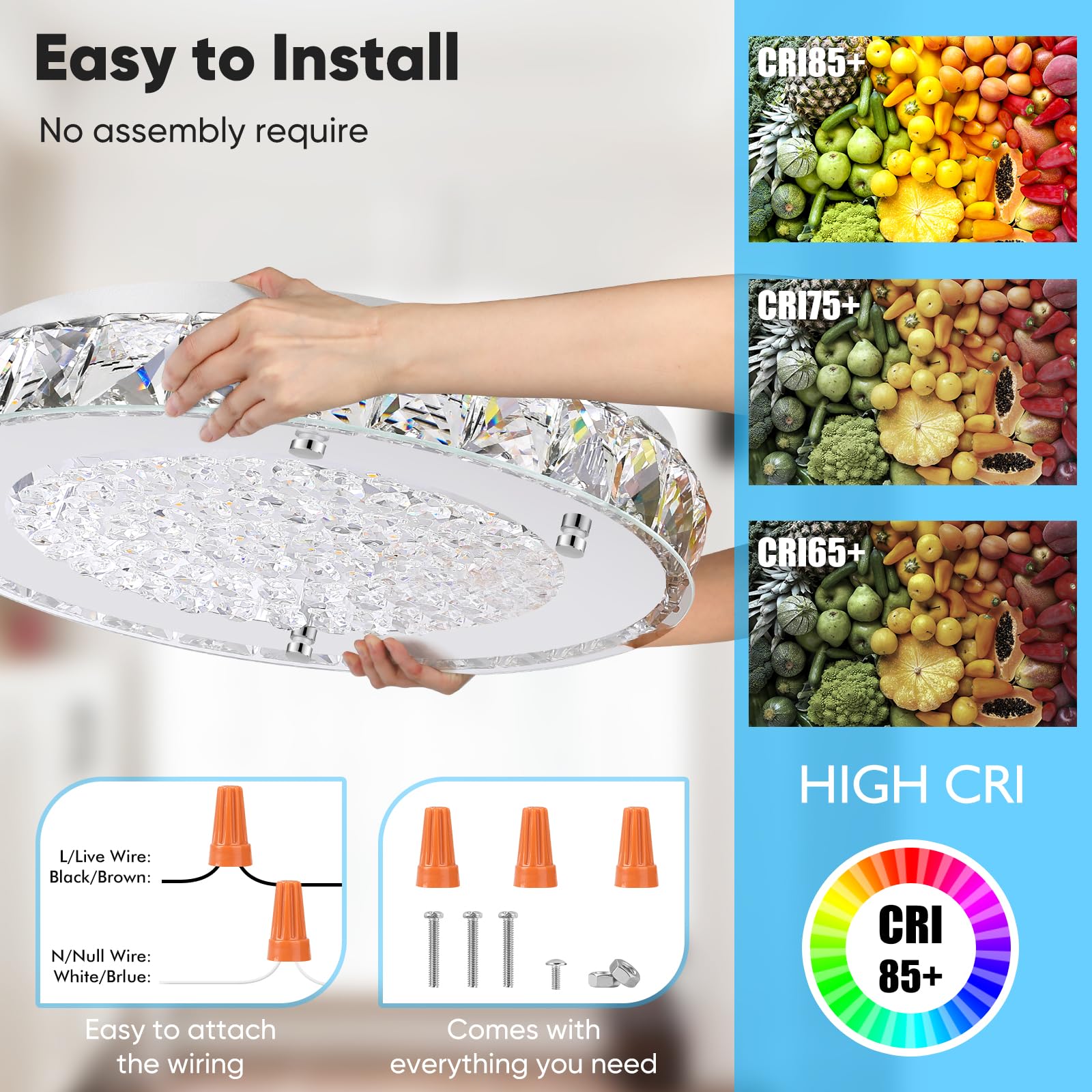 Crystal Flush Mount Ceiling Light  Led Chandeliers Light Fixture 19-Inch  5000K Daylight White Super Bright 5000Lm Dimmable Farmhouse Kitchen Lighting Modern Ceiling Lamp For Bedroom Bathroom Nursery