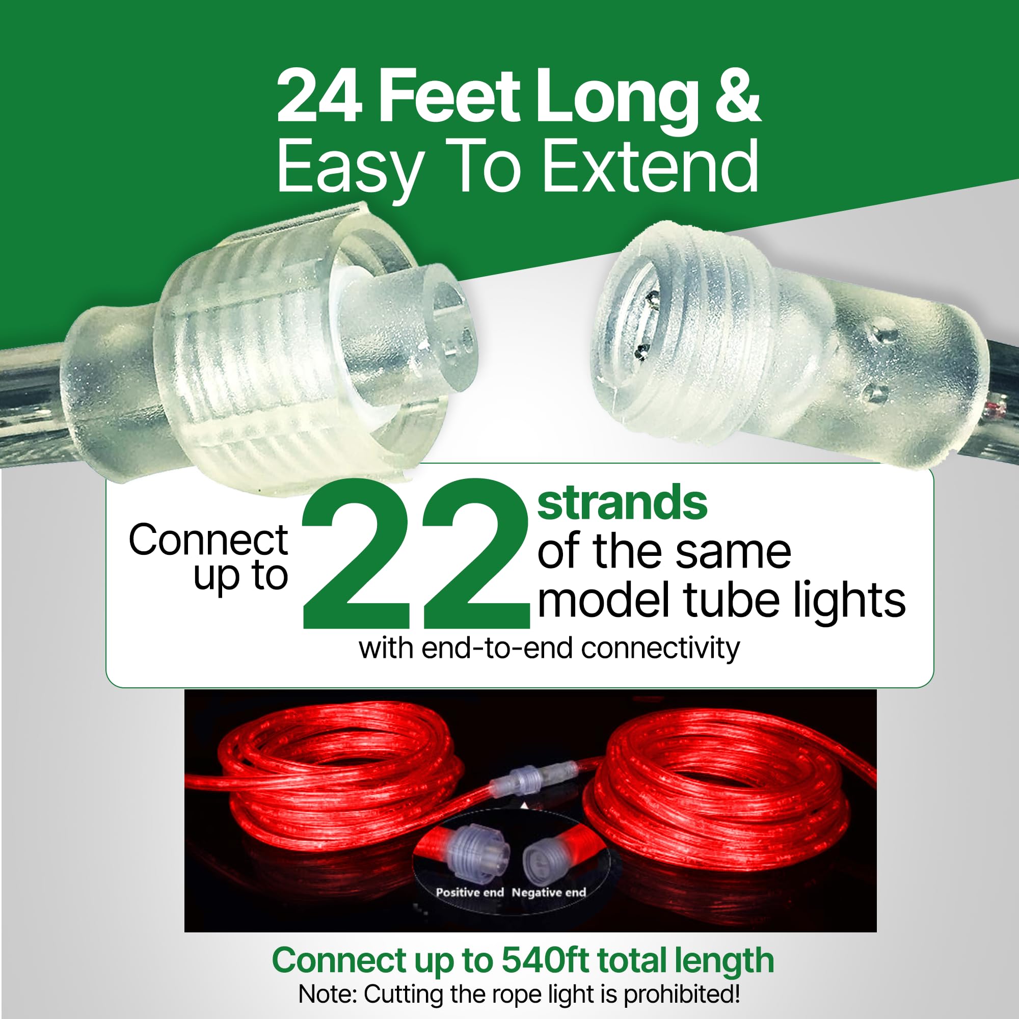 Tupkee LED Rope Light - 24ft Red Indoor/Outdoor Lighting, 10mm Diameter, 144 Long Life Bulbs, Model E237798