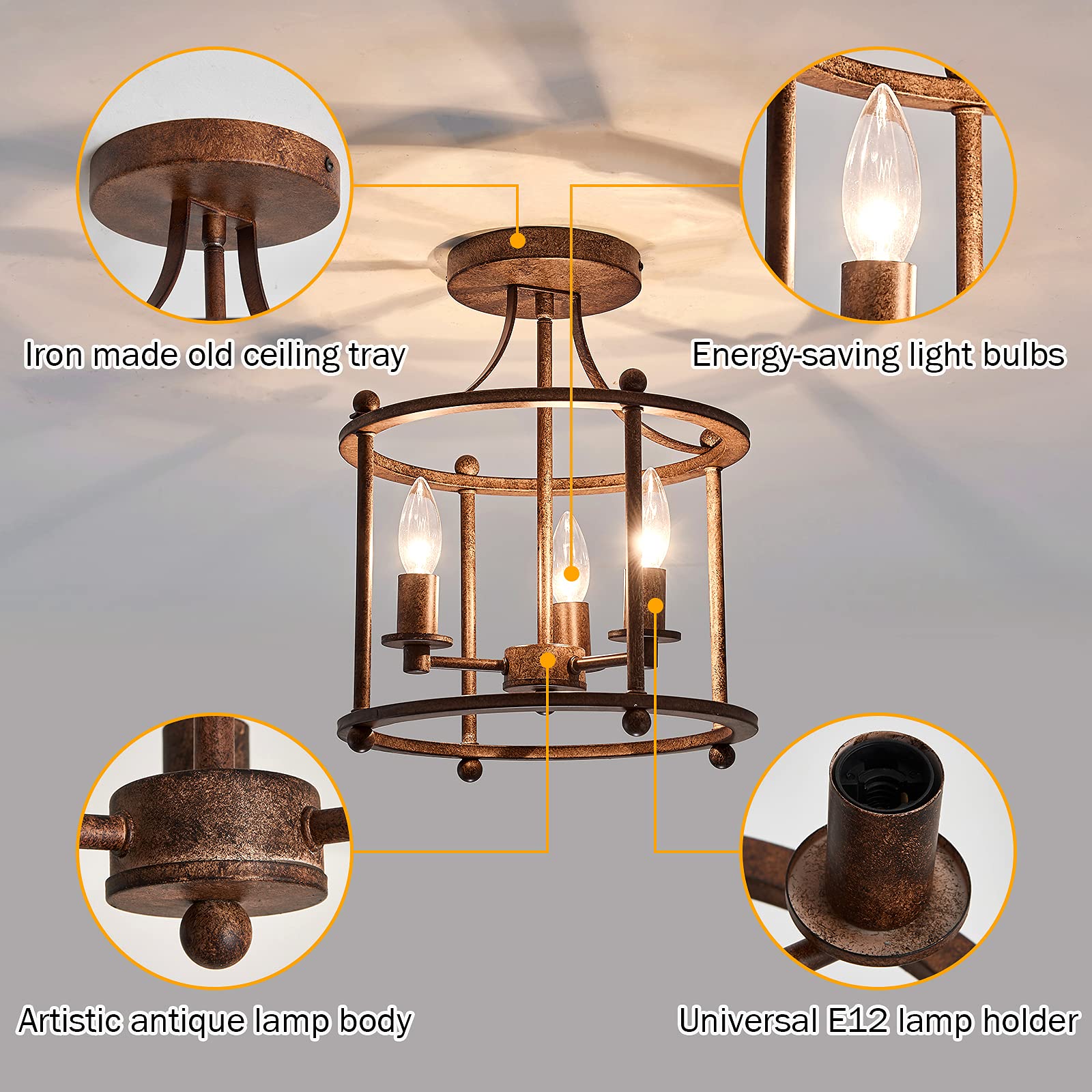 Uofus 3-Light Rustic Bronze Semi Flush Mount Ceiling Light Fixture For Home, Kitchen, Foyer