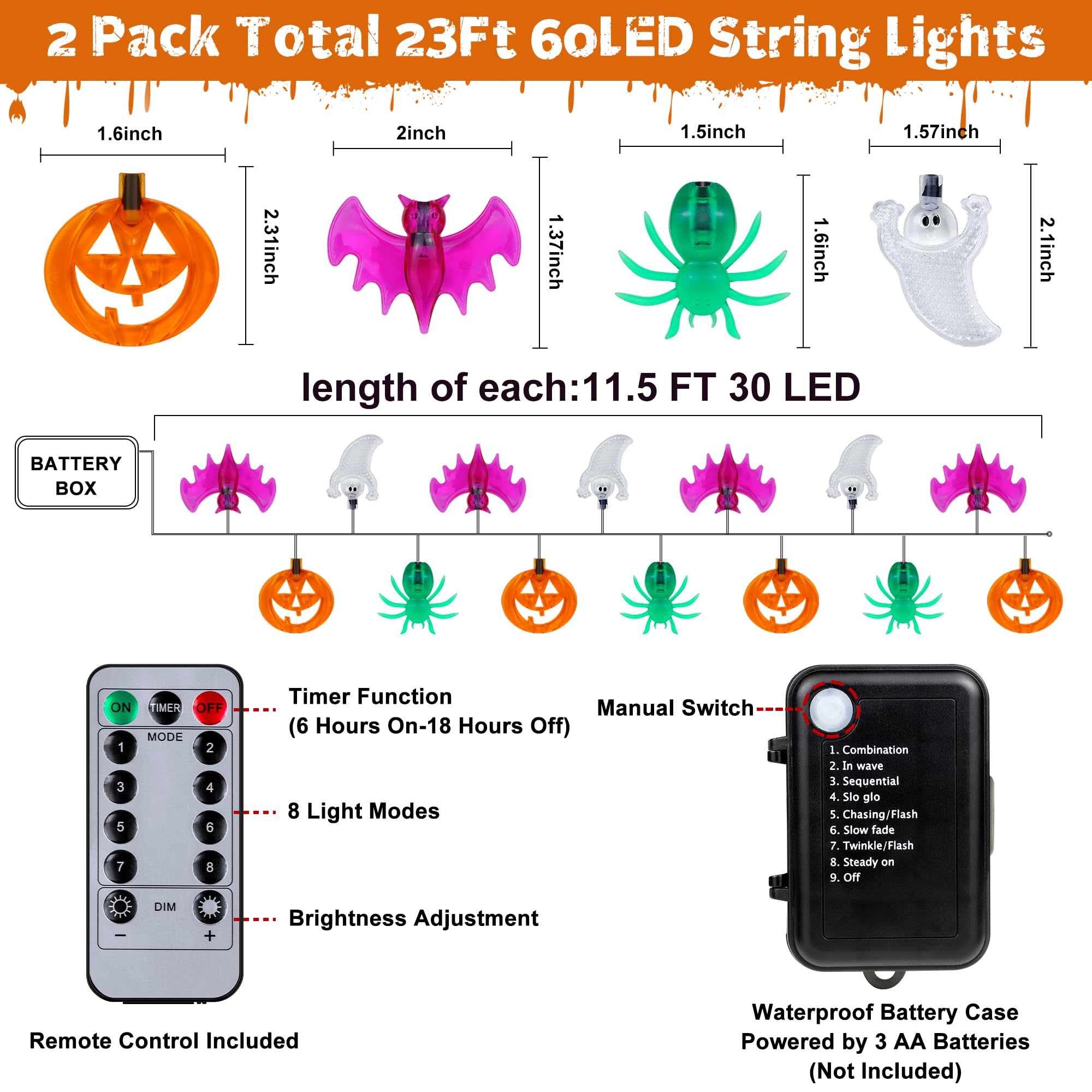 [Timer] 2 Pack Halloween Lights Total 23Ft 60 Led Pumpkin Bat Spider Ghost Halloween String Lights Battery Operated, 8 Modes Waterproof Indoor Outdoor Halloween Decorations Lights Home Window Decor