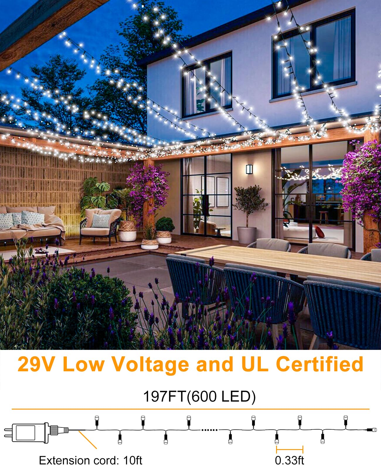 197Ft 600 Led Christmas Lights Outdoor  Plug In Christmas Tree Lights 8 Modes  Waterproof Green Wire String Twinkle Lights For Indoor House Patio Yard Party Wedding Holiday Decorations  White