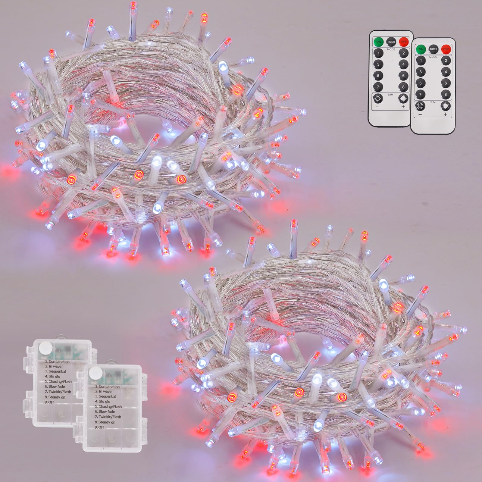 YEGUO Christmas Lights Battery Operated, 2 Pack Each 33ft 100 LED Red and White String Lights Outdoor Waterproof,8 Modes Clear W