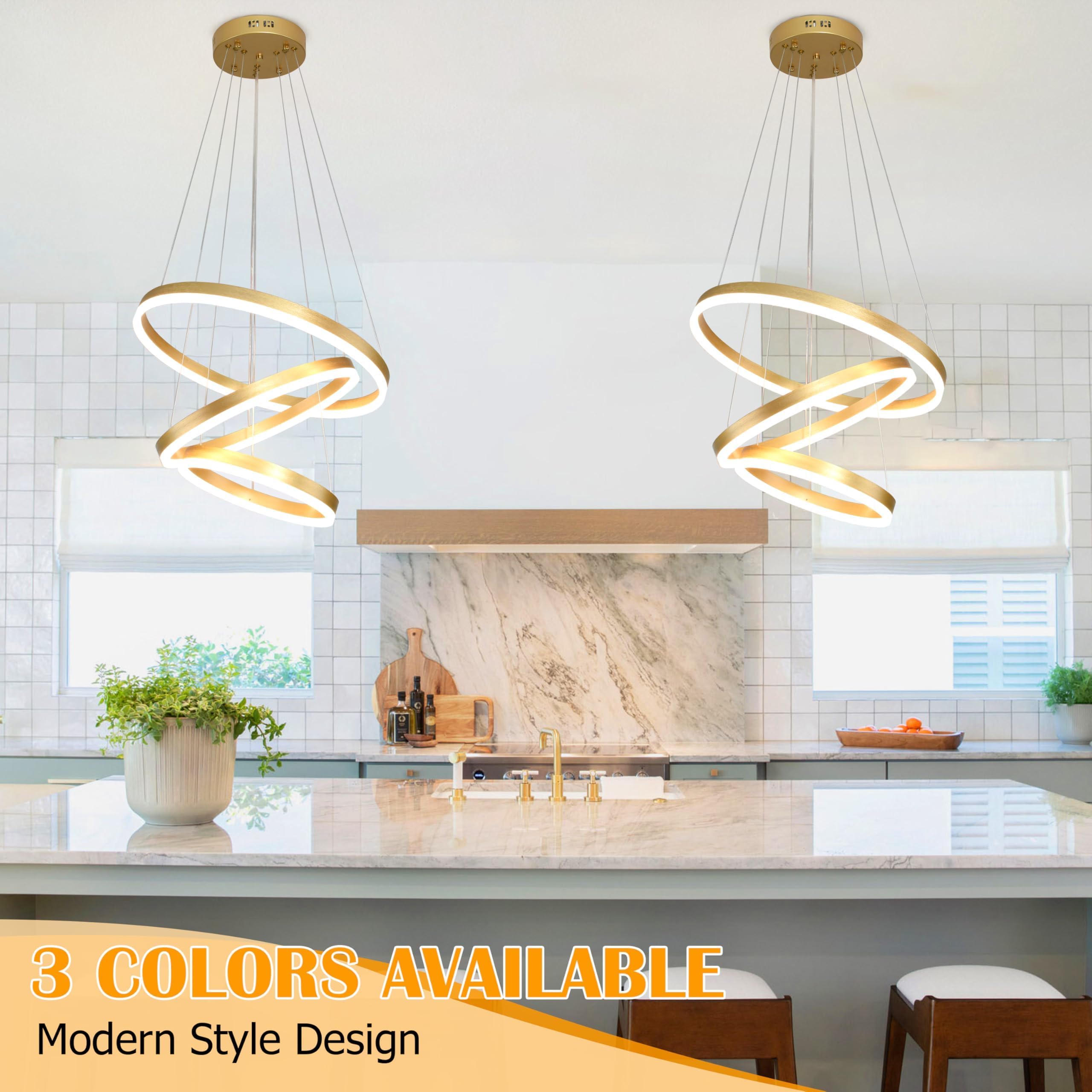 Mccokaige Modern Gold LED Chandelier, 3 Rings, Dimmable, Height Adjustable, Metal Light Fixture for Kitchen, Dining Room, 20"