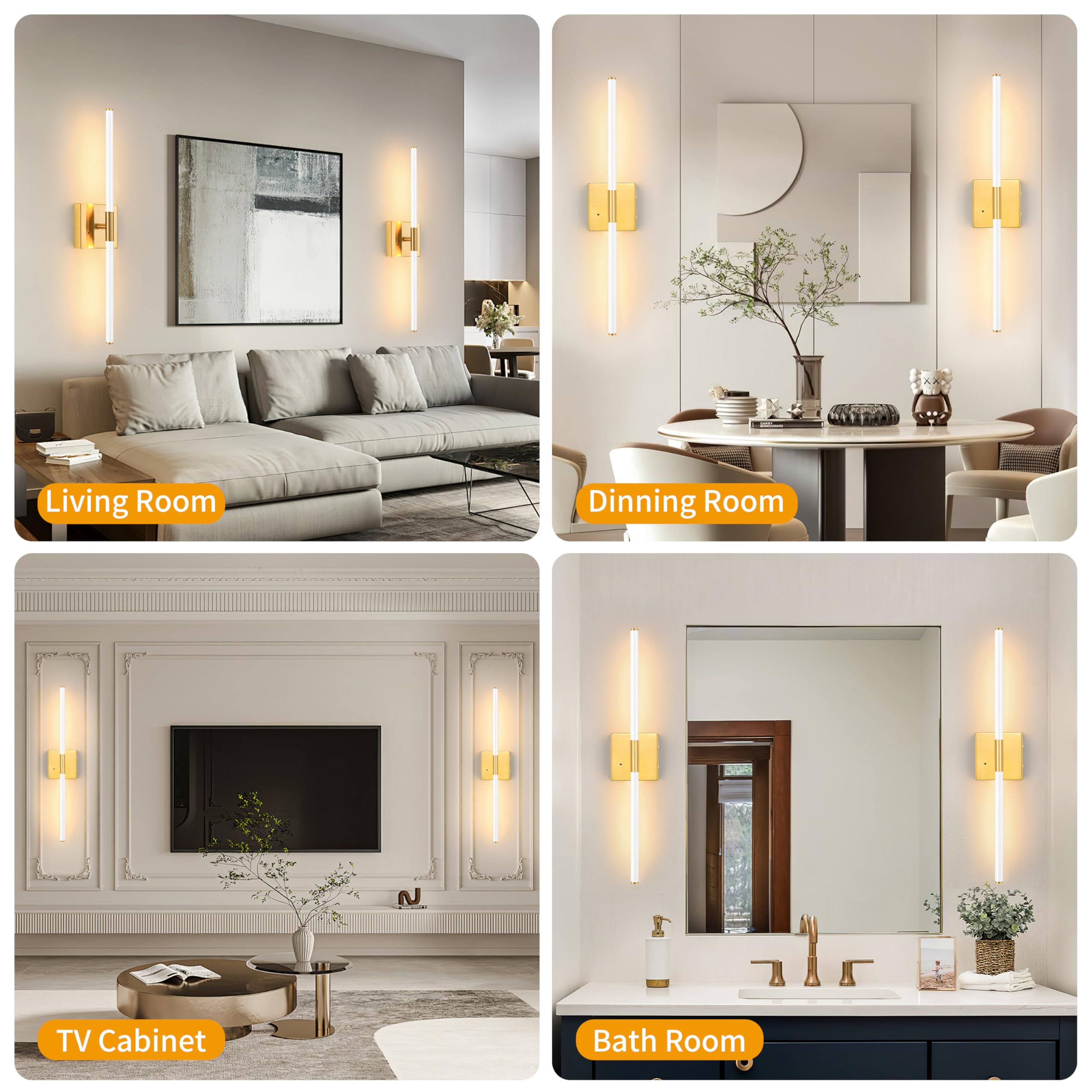 Morauroral Wall Sconces Set of 2, 30 Inch Dimmable Battery Operated, LED Rechargeable, White Gold, Model 7812