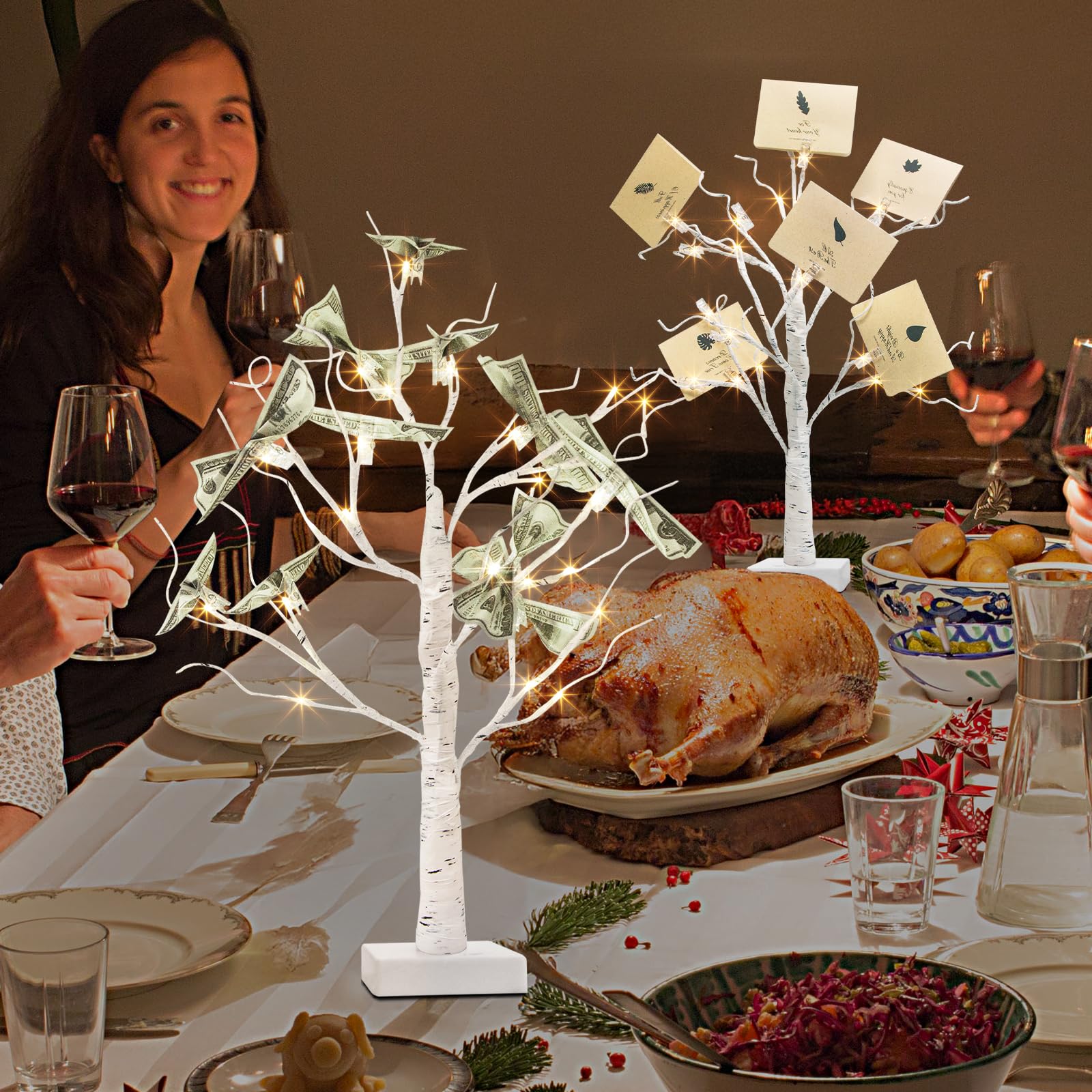 PEIDUO Money Tree Gift Holder Set of 2, Lighted 22Inch, 24LT White with Clips and Cards, Transparent/White