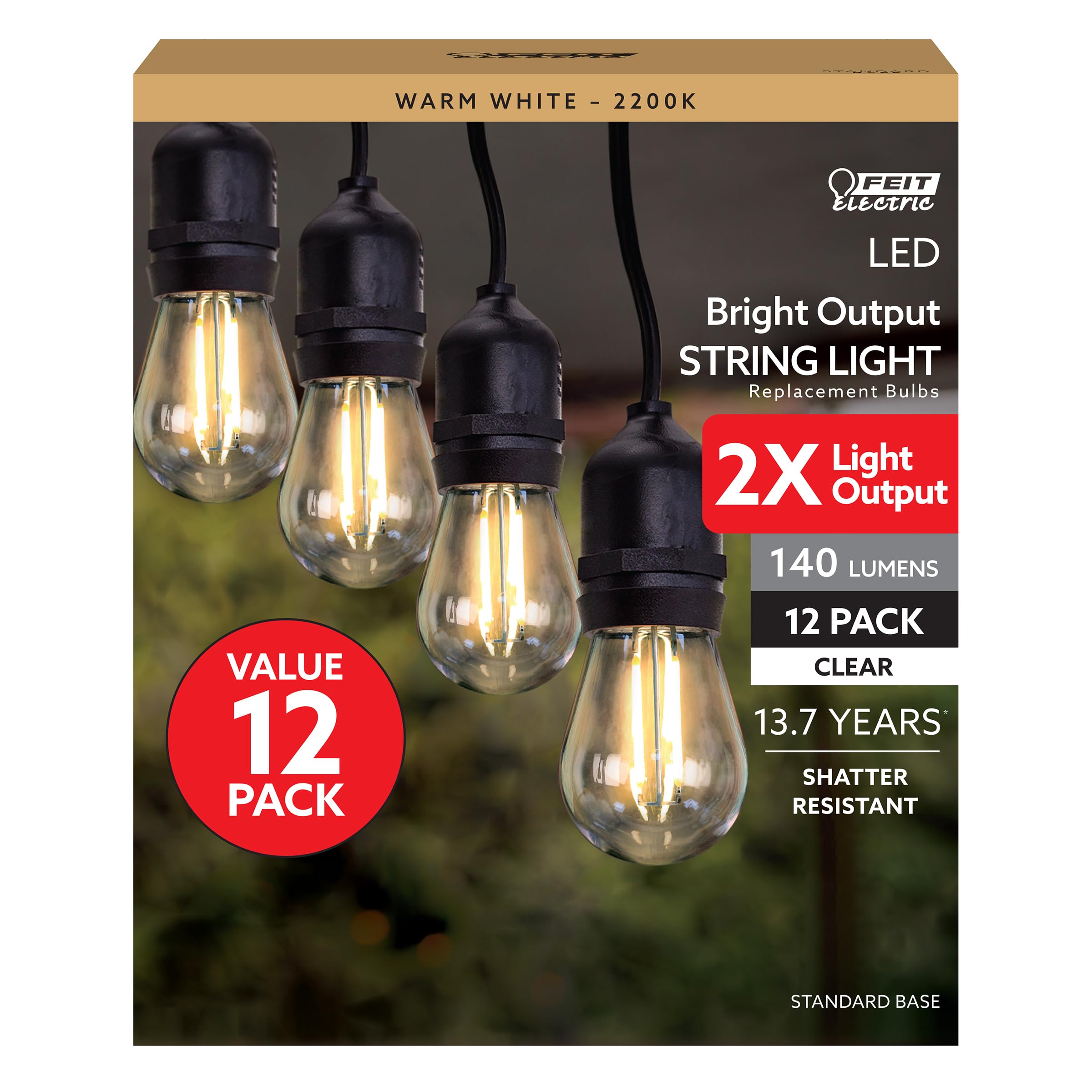 Feit Electric S14 Led Filament Light Bulbs, High Output, 2200K Warm White, 140 Lumens, String Light Replacement Bulbs, 15,000-Ho