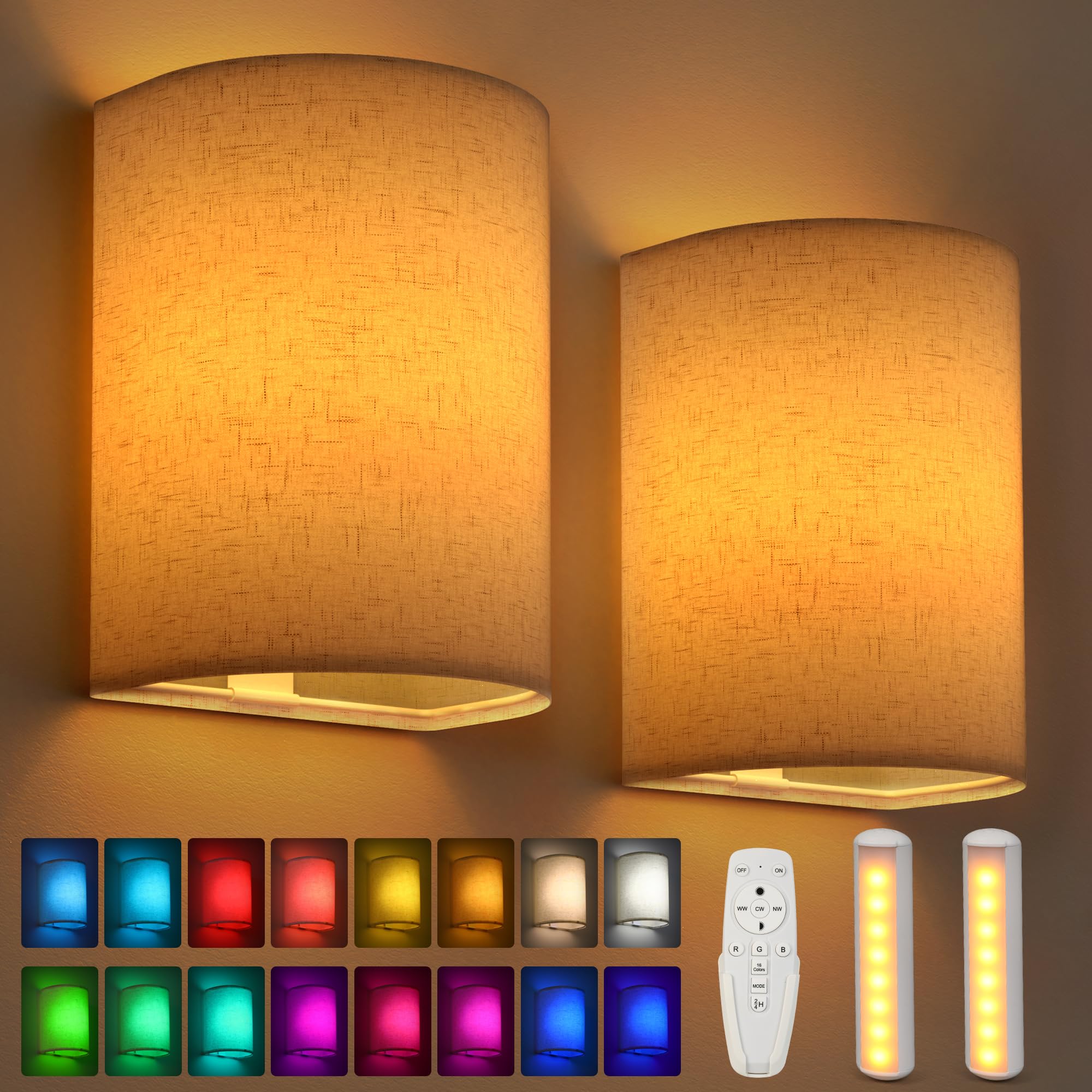TECOMLIGHT Rechargeable LED Wall Sconces Set of 2, Wireless, Remote & Timer, Linen Fabric Shade, Beige, Model TWS-LB15