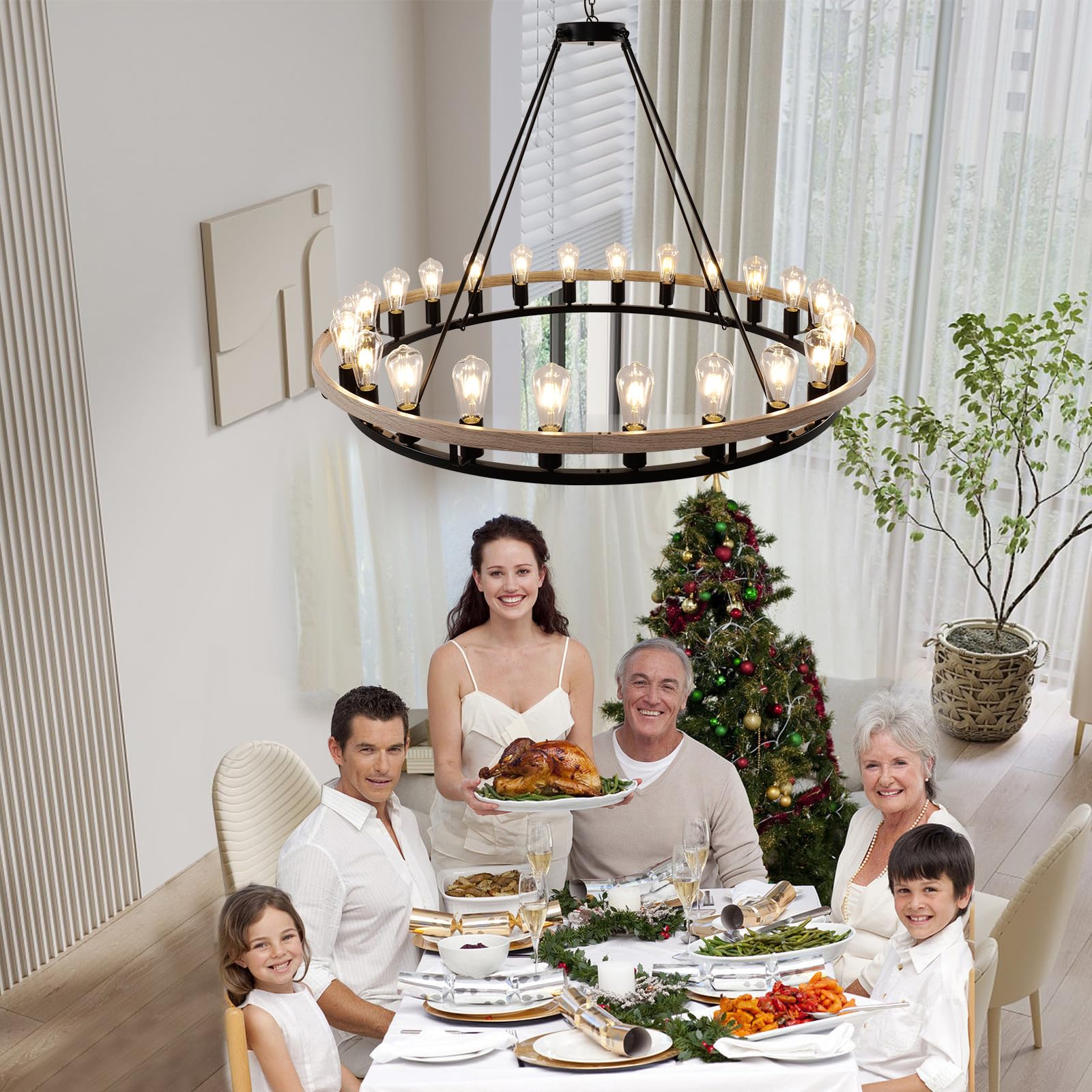Wogon Weel Wagon Wheel Chandelier 48-Inch 24-Light, Black And Oak Wood Tone Finish Round Rustic Farmhouse Chandelier Extra Large