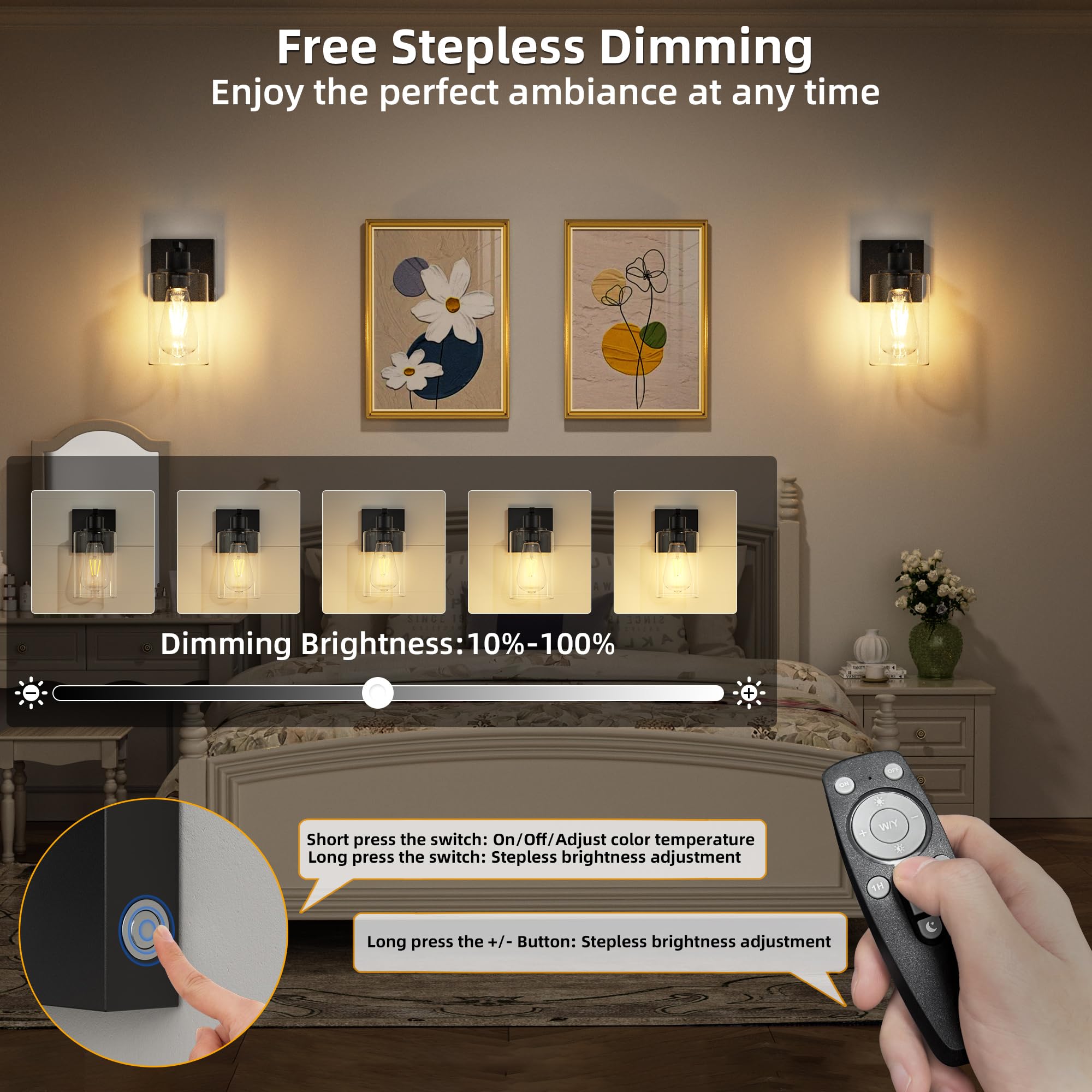BUTHY Battery Operated Wall Sconce LED Glass Lamp, Dimmable E26 Bulbs, Rechargeable Black, Indoor, Model DX0019, 1 Pack