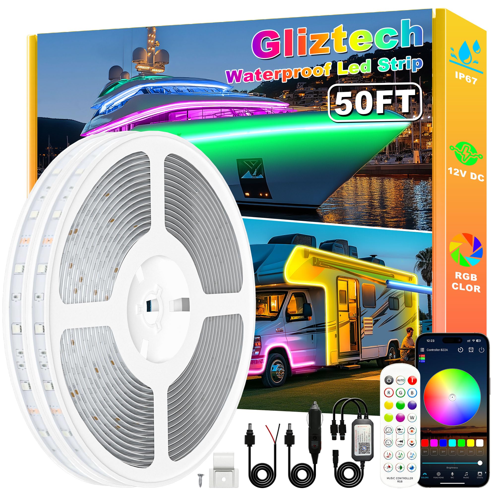 Gliztech LED Boat Lights, 50FT Waterproof RGB Strip, 12V for Pontoon, Bass, Deck, RV, Fishing Kayak, Model 5050-30-RGB