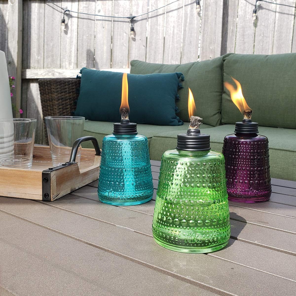TIKI Brand Carnival Table Torch 3-Pack, Glass, Multi-Color, 6 in, Model 1120163
