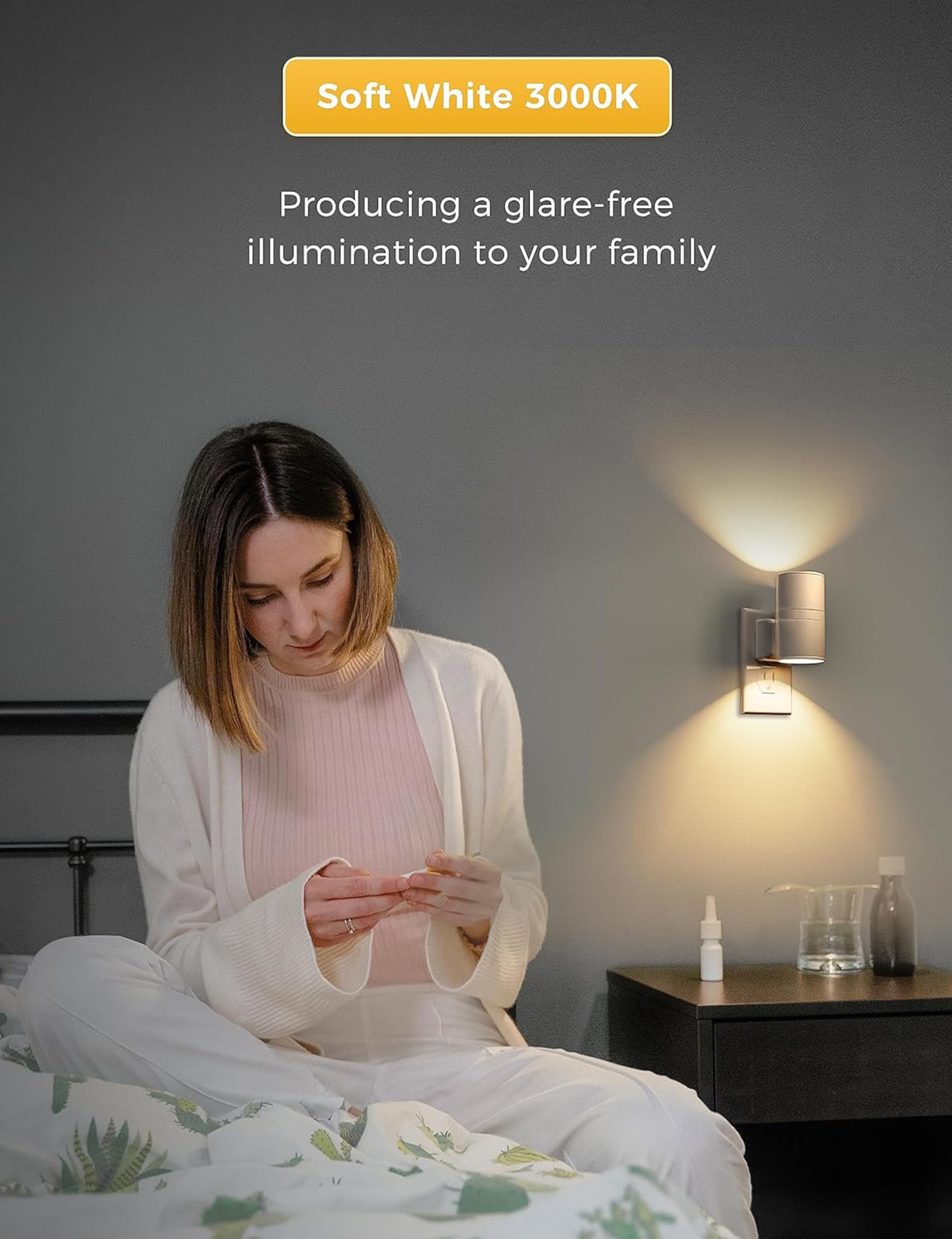 L LOHAS LED Night Light, Soft White 3000K, Dimmable, Light Sensor, 2 Pack, Model GY-063-02-WH-US-2, Plug-in for