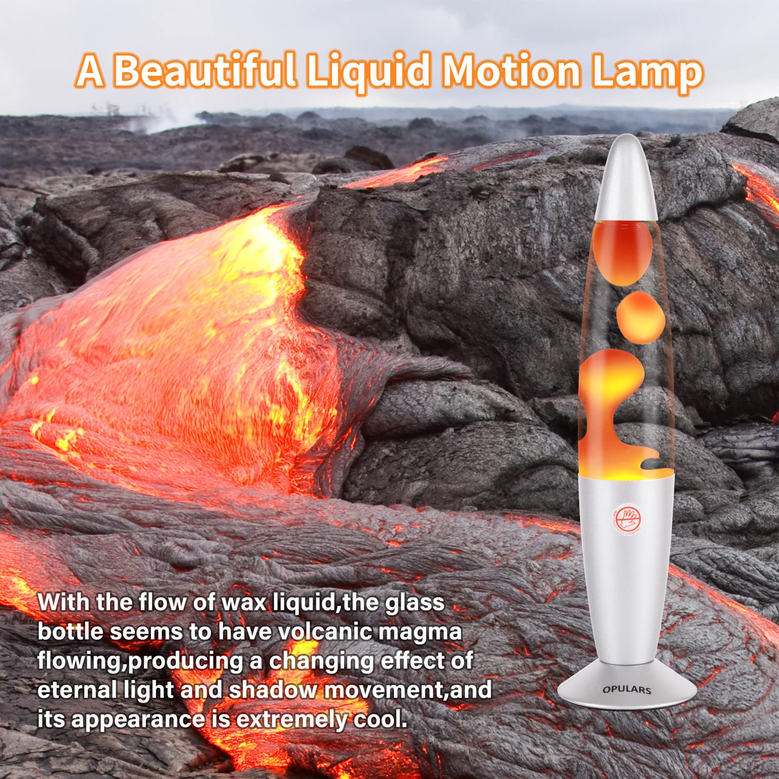 OPULARS Liquid Motion Lamp Magma Lamps for Adults and Kids, 13.5-inch Silver Base Lamp Colormax Volcanic with Orange Wax in Clea