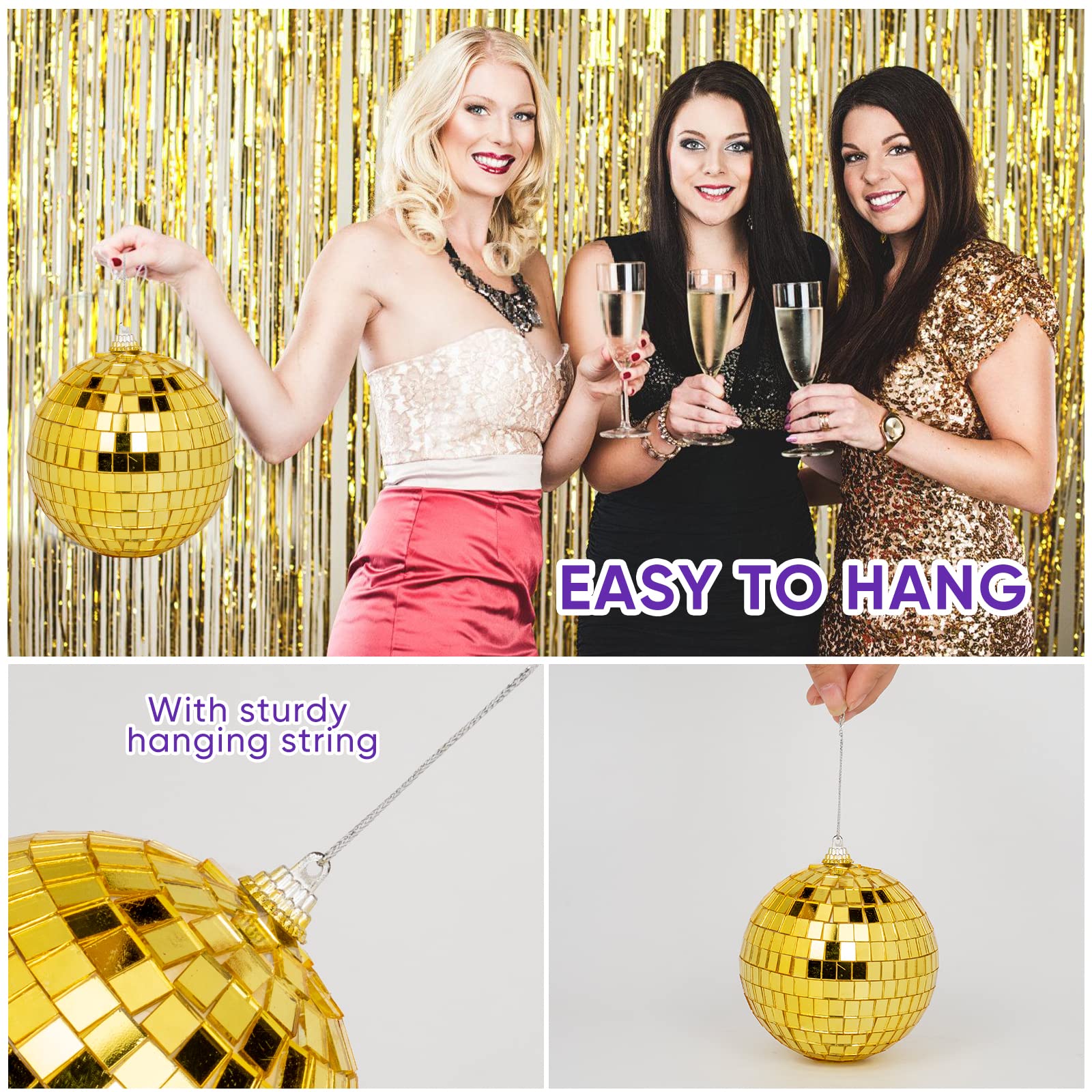 32 Pack Mini Disco Balls Decorations Different Sizes Mirror Ball With Hanging String Small Disco Ball Ornament For Disco Theme Party Cake Topper Dj Club Christmas Wedding Home Decor (Gold)