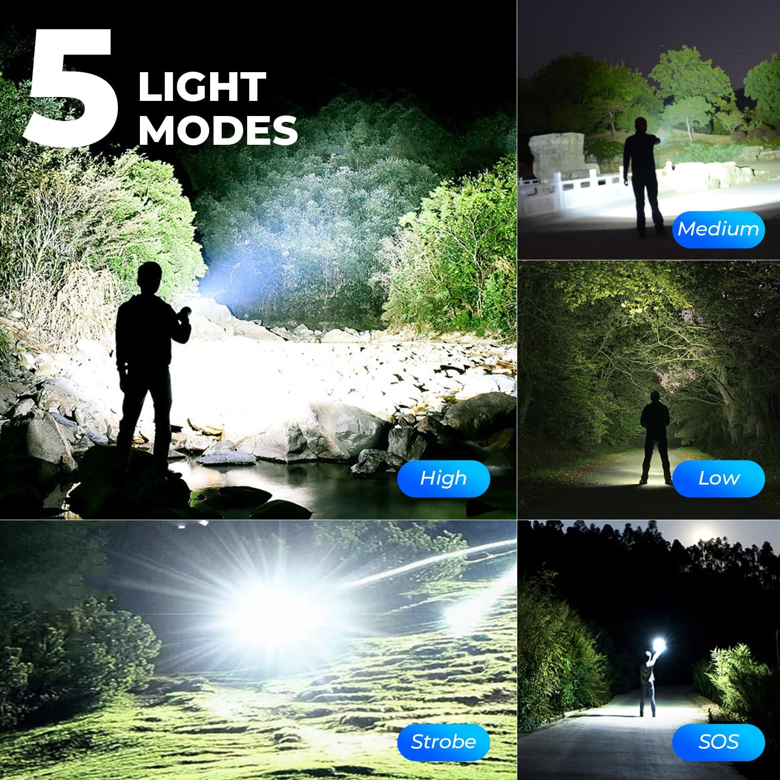 ALSTU Rechargeable Flashlight 99,000LM LED - Waterproof Handheld Light, 5 Modes, Aluminum, Model M082, Black, L-3P (3 Pack)