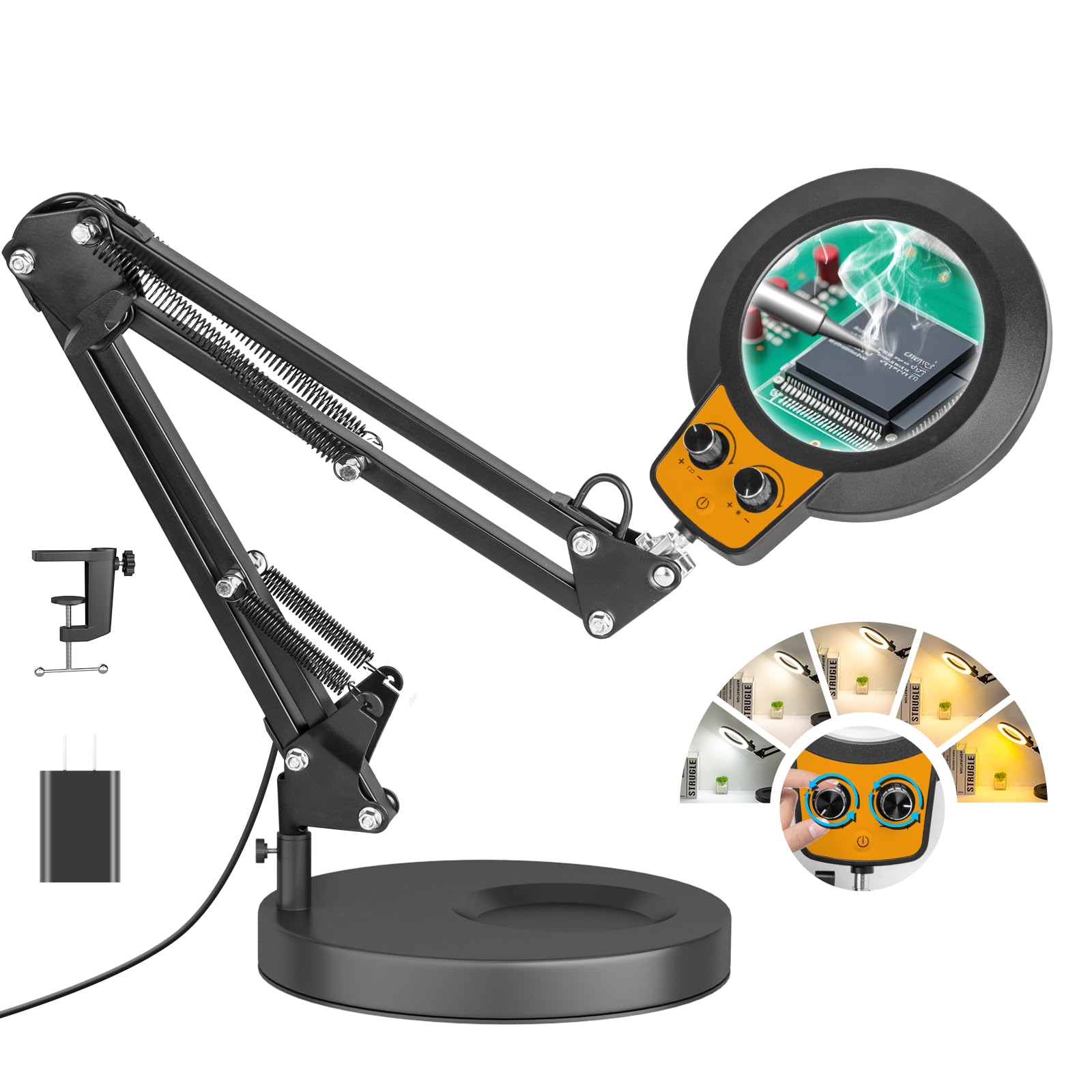 Magnifying Glass With Light And Stand, Infinite Color Modes & Stepless Brightness Led Magnifying Lamp With Clamp, 2-In-1 Magnifi