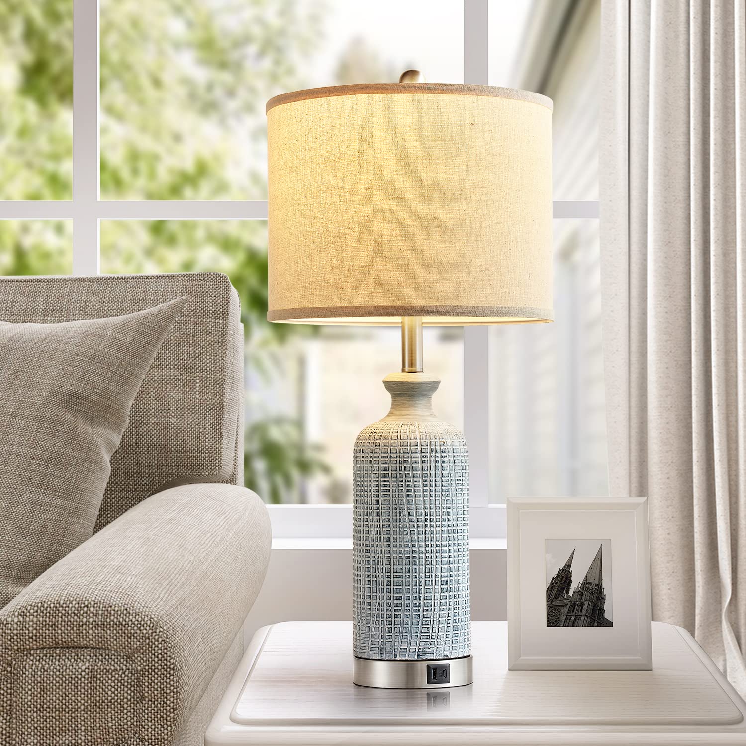 Ireliare Touch Lamps Set of 2, 27" Modern Farmhouse Nightstand Lamps with USB A+C Ports, Blue, Model QH_2283-1T