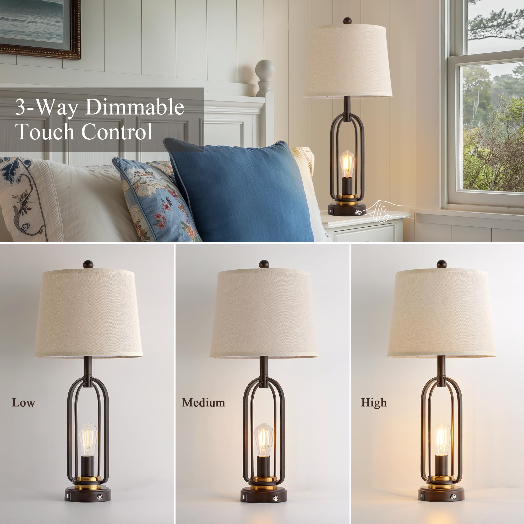 Srjjrs Farmhouse Table Lamps For Living Room Set Of 2, 28.5'' Tall Rustic Table Lamps With Usb Ports, 3-Way Dimmable Vintage Bed