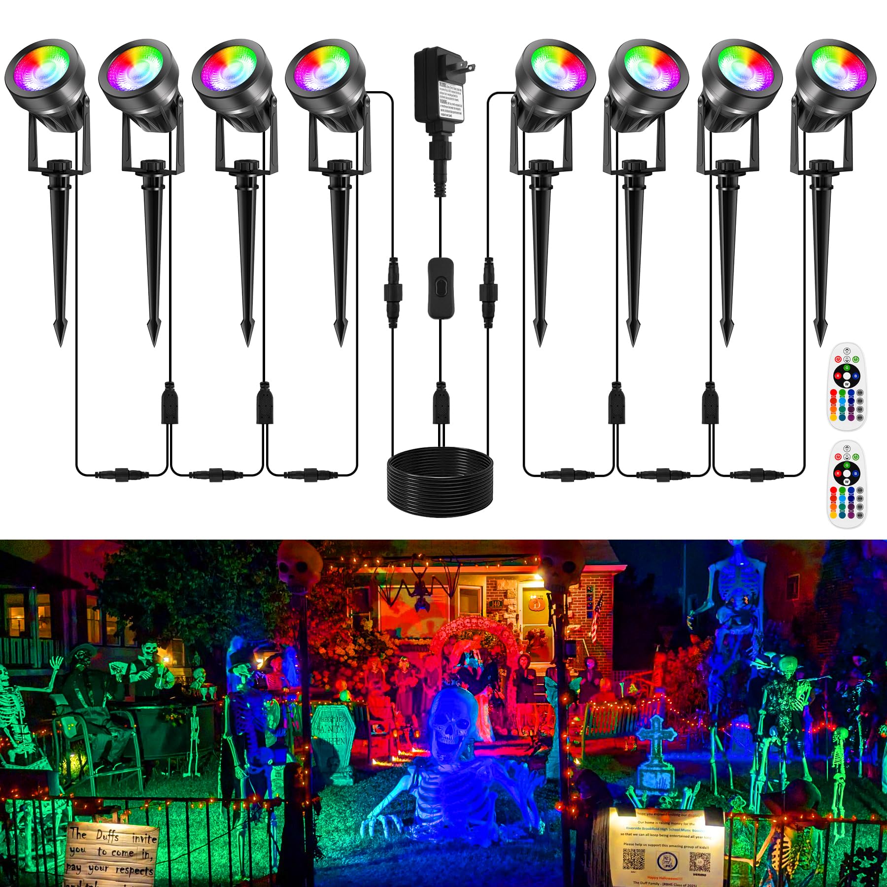 CREPOW RGBW Color Changing Landscape Lighting, 12V Low Voltage Spotlights, 8-in-1, Plastic, with Remote Control, 50ft Cable