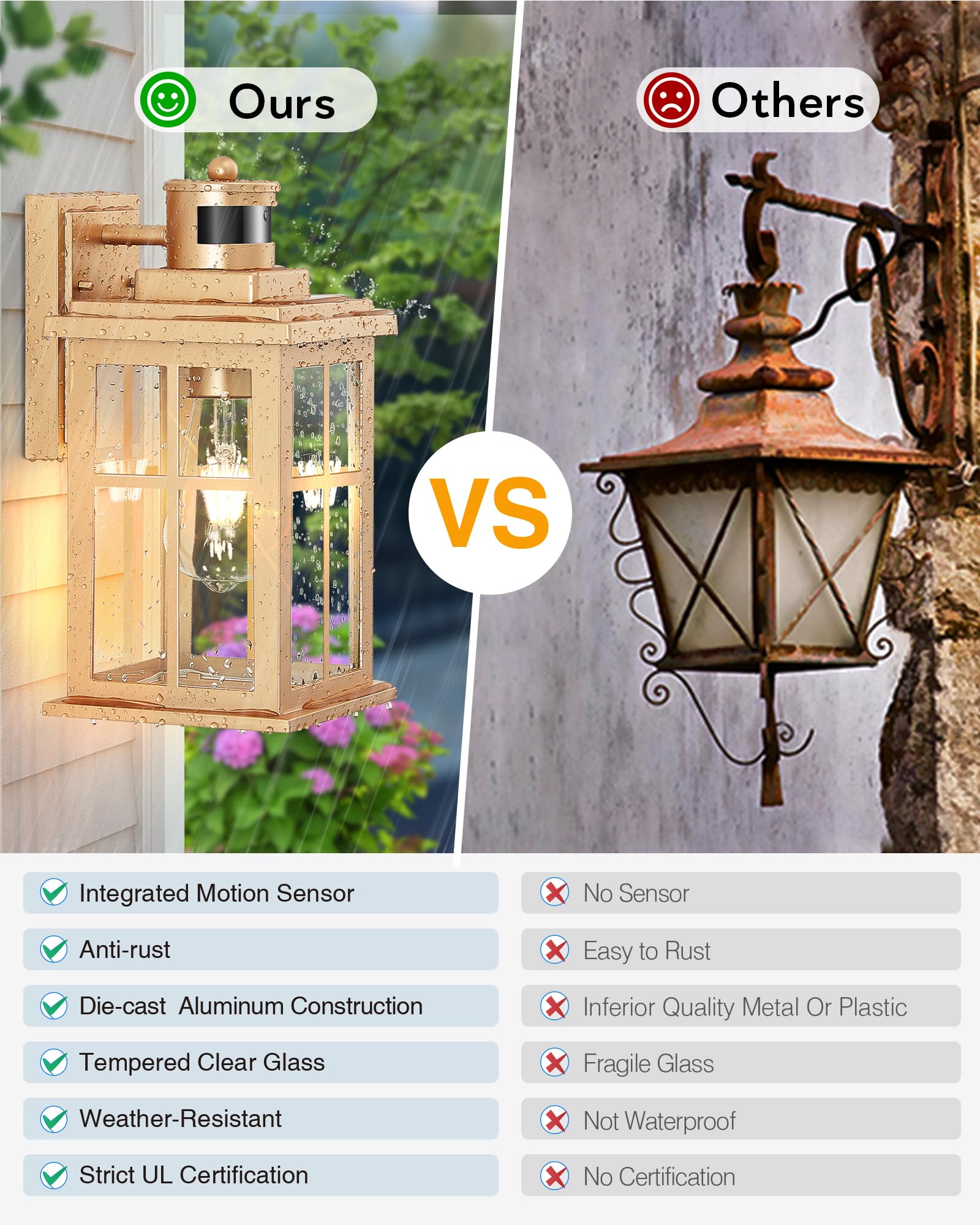 Opaxis Motion Sensor Outside Lights For House  Modern Dusk To Dawn Outdoor Lighting  2 Pack Gold Anti-Rust Outdoor Wall Lights With Transparent Glass  Waterproof Outdoor Porch Lights For House  Patio