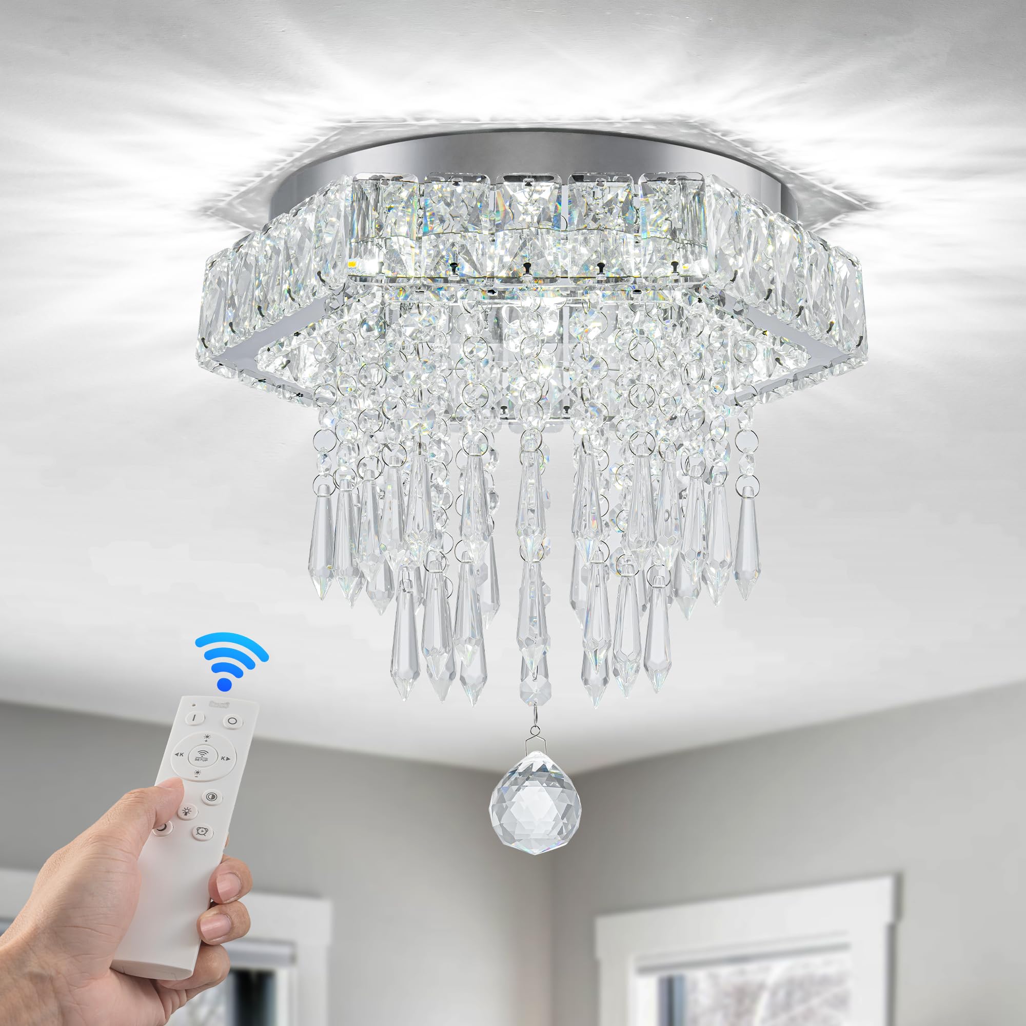 11.8'' Hexagon LED Flush Mount Ceiling Light - Modern Crystal Chandelier for Bedrooms, Dining Room, Hallway with Remote Control