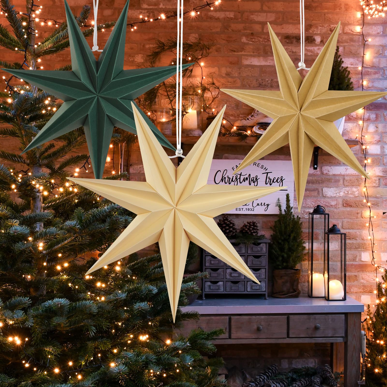 Sunbeauty Sage Green 7-Pointed 12 Inch Paper Star Lanterns Christmas Hanging Lamp Paper Decorations Shade Wedding Birthday Chris