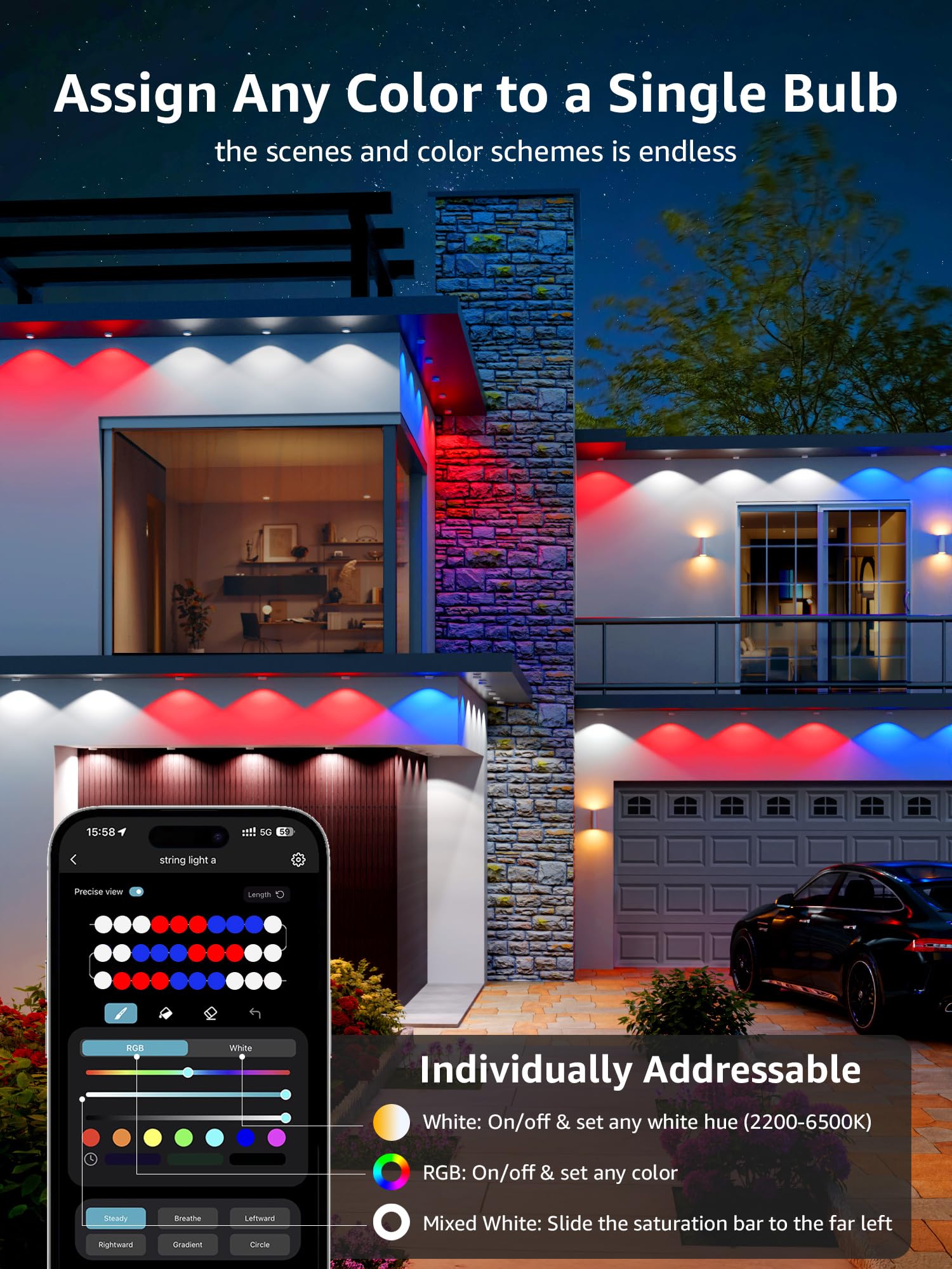 Lepro E1 AI Smart RGB+IC Outdoor Lights, 150ft, 90 LED Pucks, White, Alexa/Google Compatible
