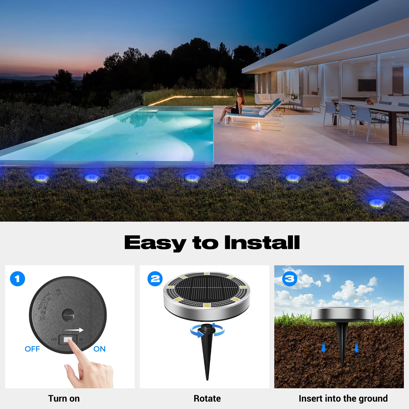 Peasur Mini Solar Ground Lights, 4 Pack, IP68 Waterproof, Stainless Steel, Blue, Outdoor Landscape Lighting for Pathway and Garden