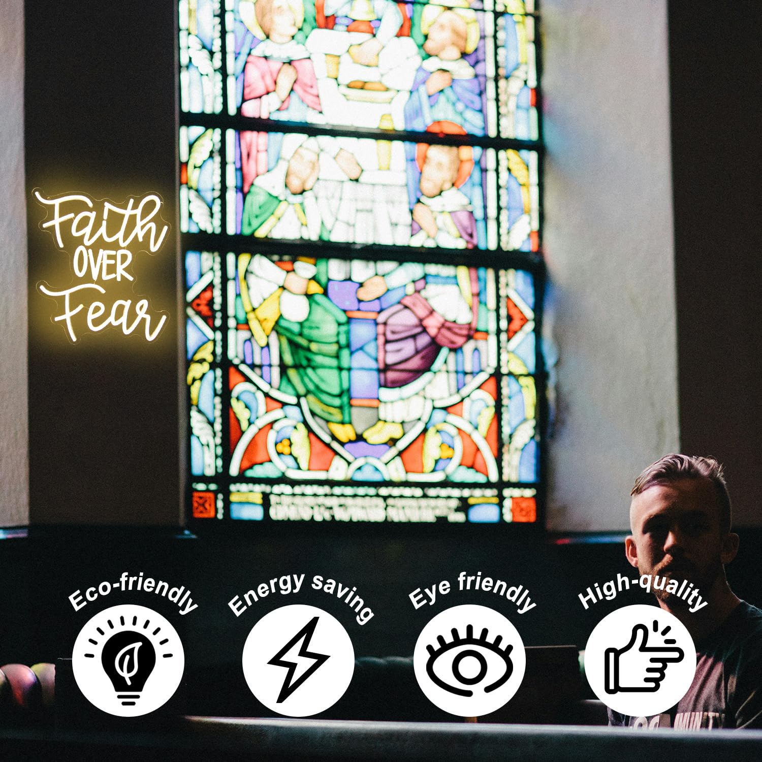 Kullneon Neon Sign - Faith Over Fear LED Light, Warm White, 13.8 x 12.6 inches, Dimmable Plastic Decor for Home, Classroom, Church
