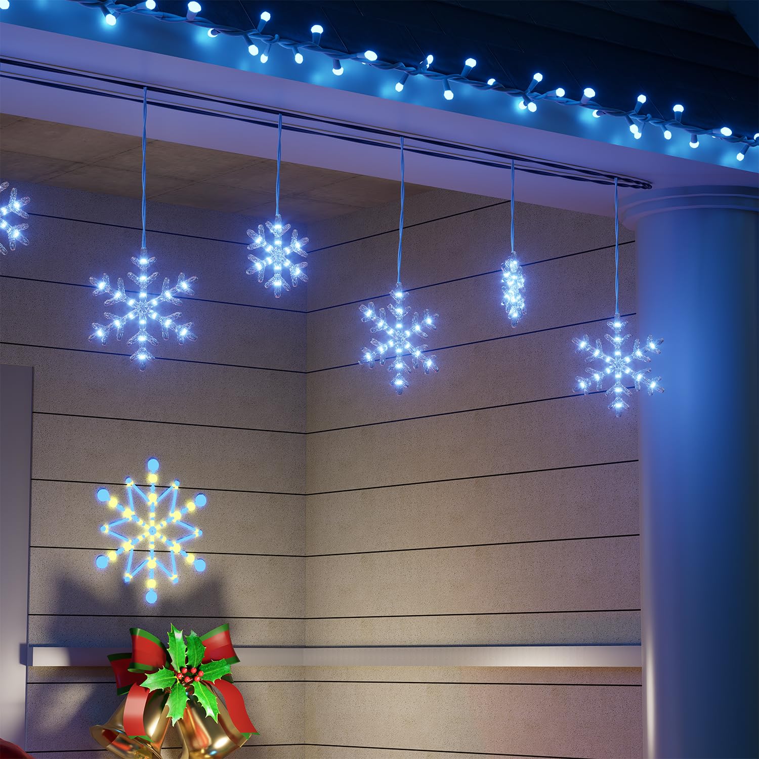 beatineon Christmas Snowflake String Lights 9FT 150 LEDs Icicle Lights with 10 Drops for Indoor Outdoor Decoration Waterproof Co