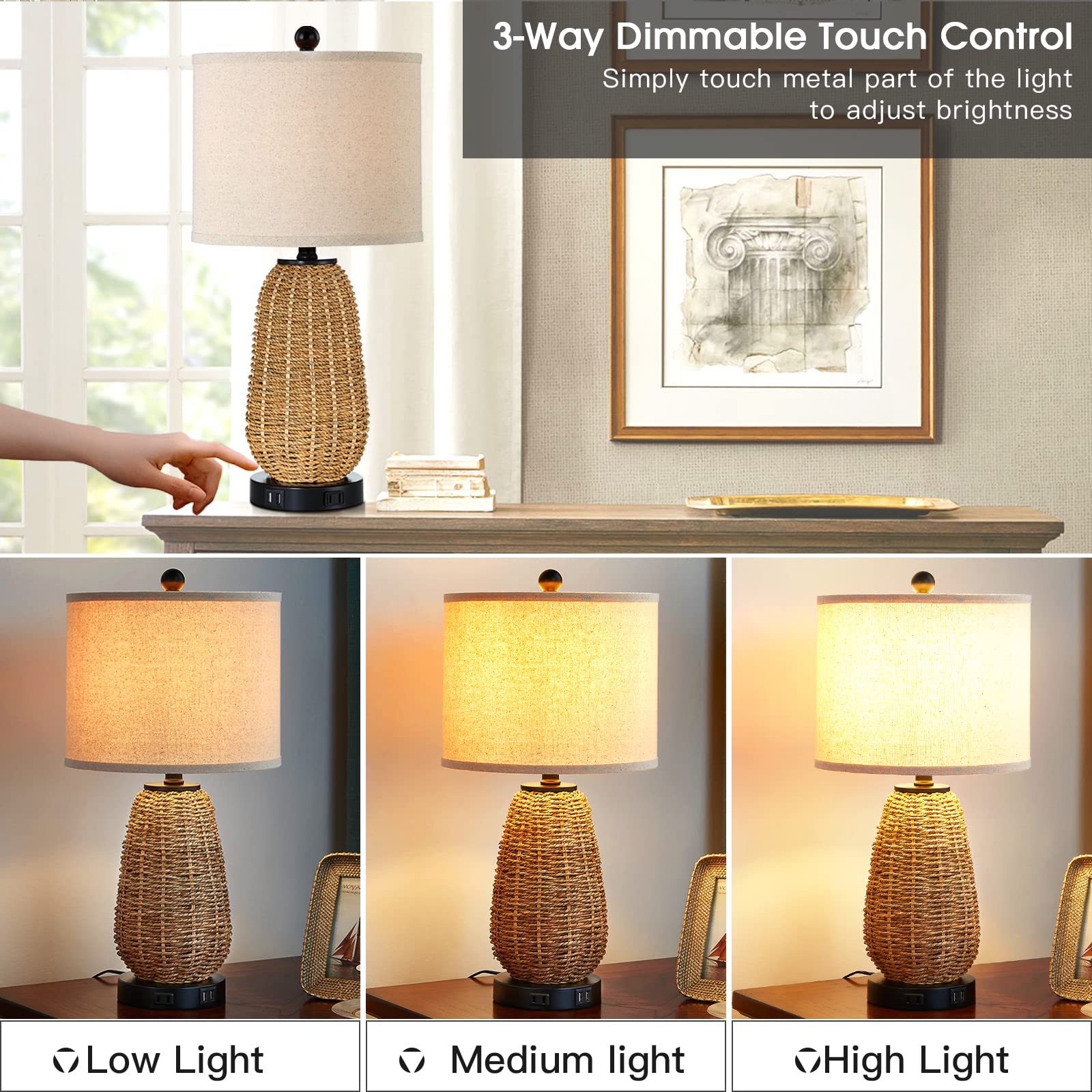 Cinsary Touch Control Rattan Table Lamps, 3 Way Dimmable Bedside Lamps For Bedroom Set Of 2 With 2 Usb Ports And Ac Outlet, Grass Rope Nightstand Lamps For Living Room Office (2 Led Bulbs Included)