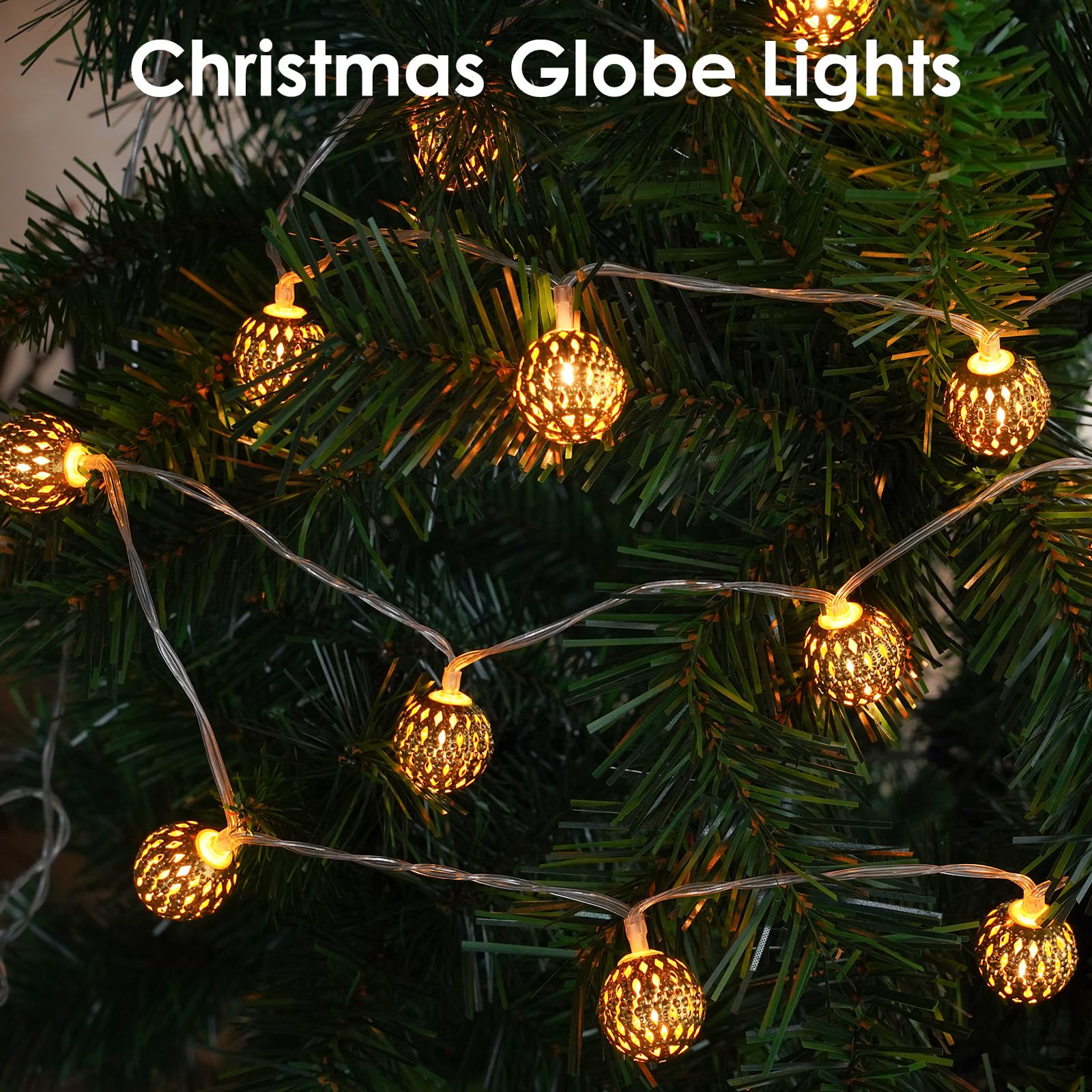 LORRYTE Moroccan Globe Fairy Lights, 60 LED 36 FT, Battery Operated, Warm White, Outdoor String Lights for Christmas, Party, Garden Decor