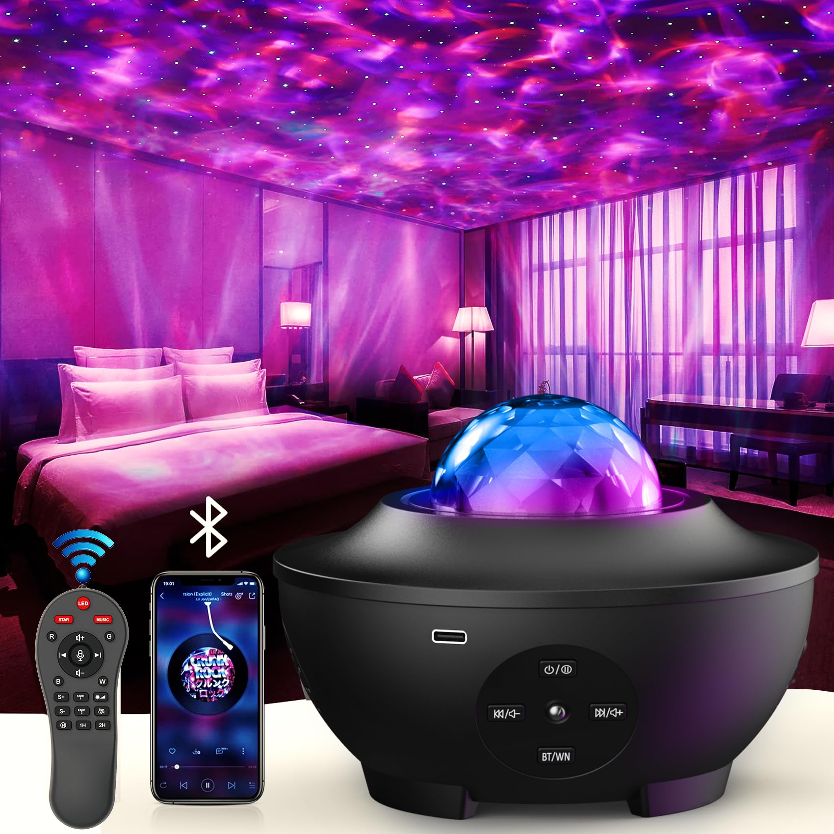 Sunbox Galaxy Projector Night Light with Remote, 15 White Noise Sounds, Music Speaker, Black, Model BL-XK01