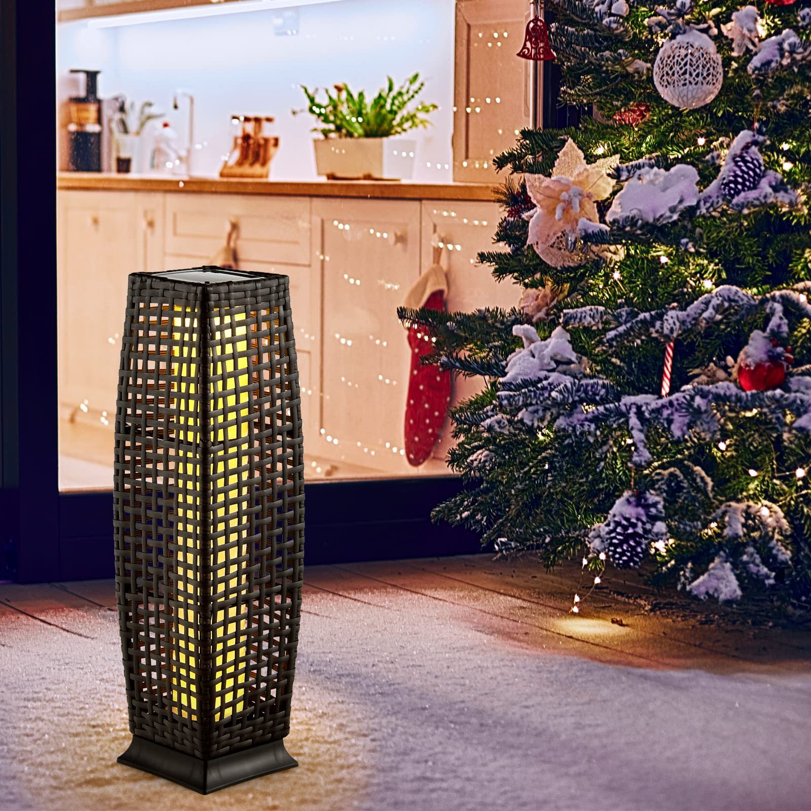 Tangkula 2-Piece Outdoor Solar Floor Lamps, IP65 Waterproof, 27” H, Black, Model TA-10519, Wicker Decorative Lanterns for Garden Patio