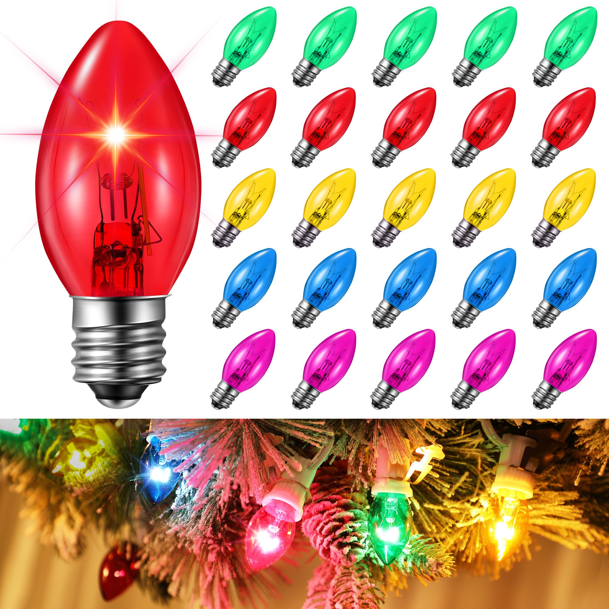 ElectricWise 25 Pack Twinkle Christmas Replacement Bulbs  7W Random Blinking Light Bulbs for Christmas String Light  Nightlights (Colorful C7 E12 Intermediate Base)