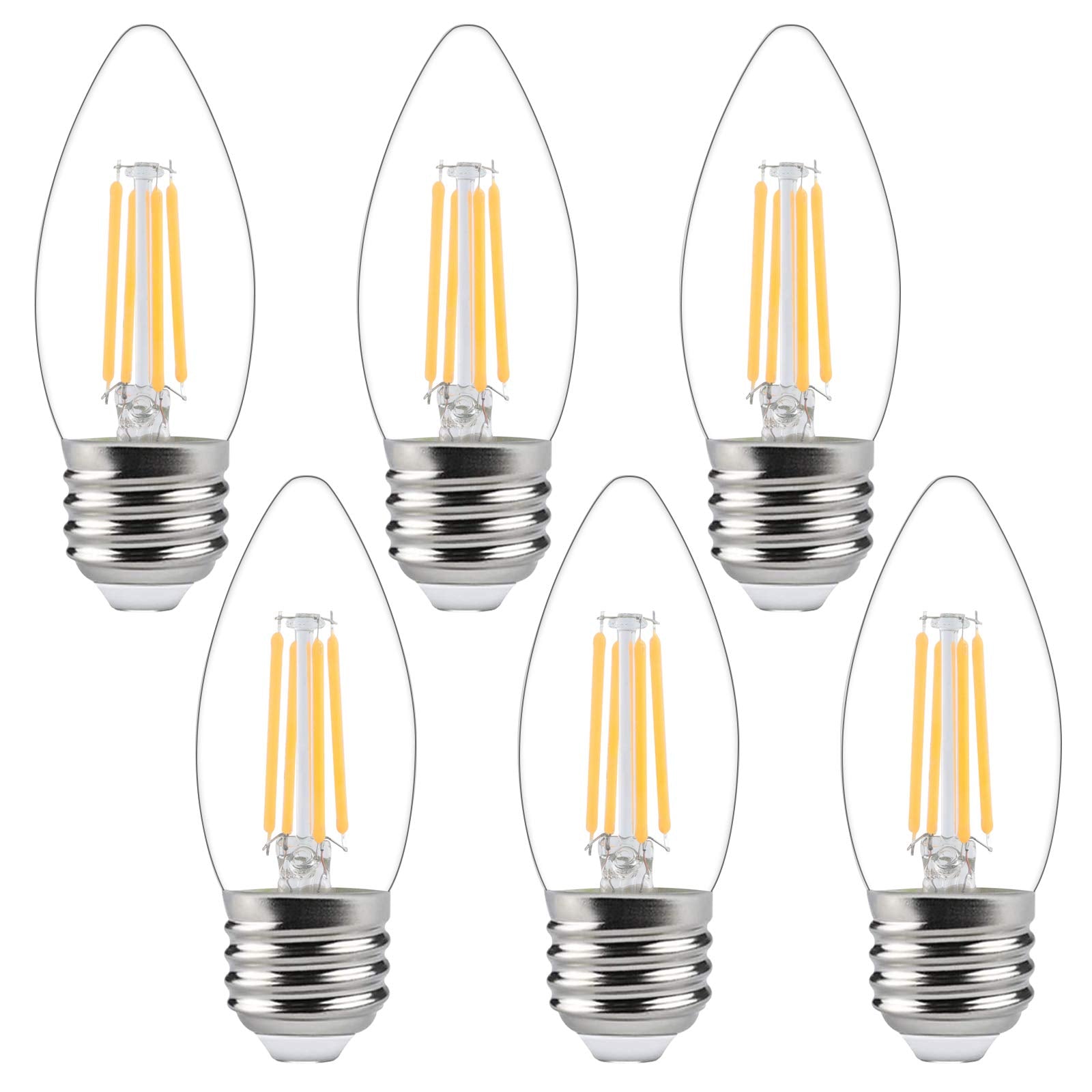 Ganiude E26 Dusk to Dawn 4W C35 Warm White Filament Bulbs, 6 Pack, 2700K Auto ON/OFF, Glass Candelabra for Outdoor Use