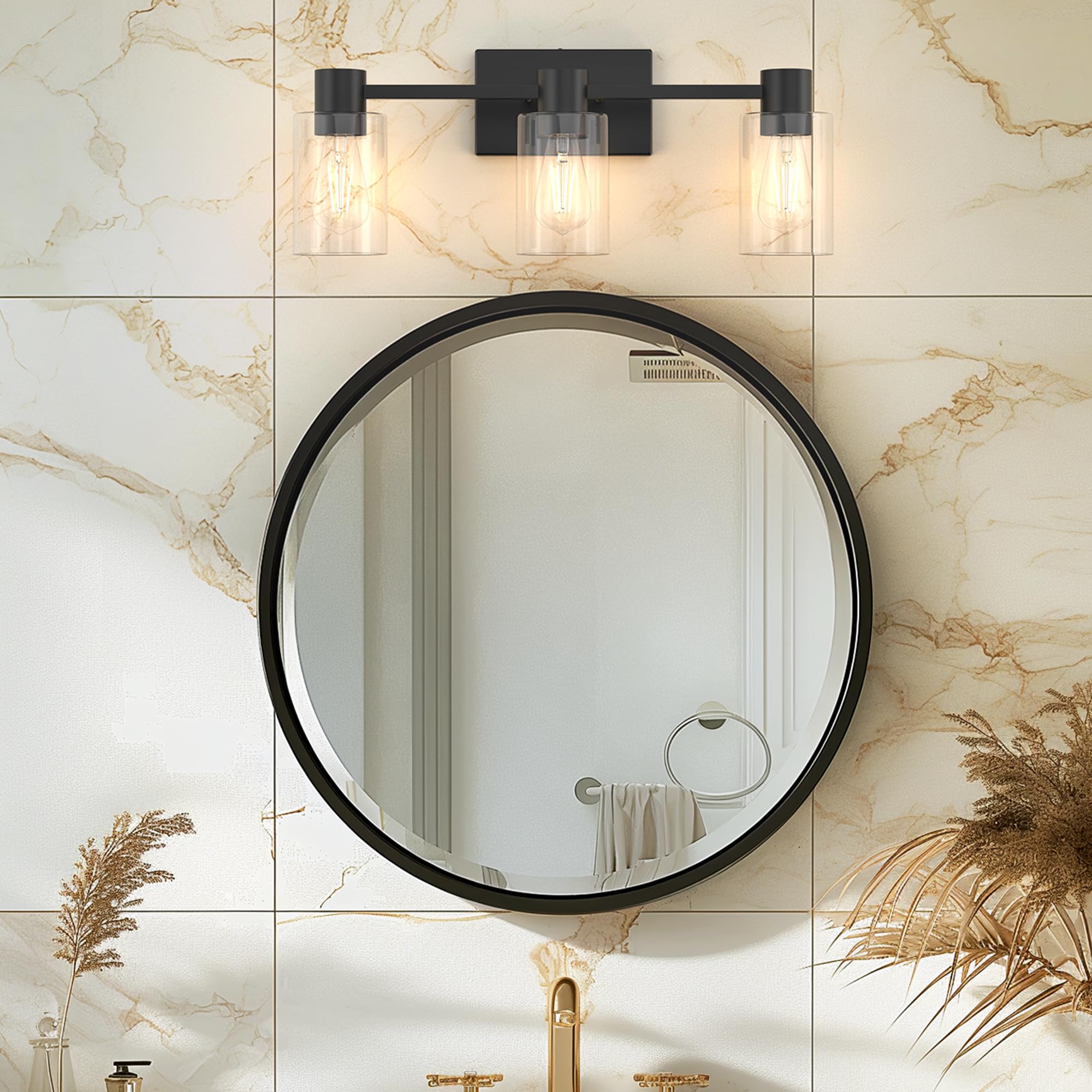 Esfos 3-Light Matte Black Wall Sconces, Modern Glass Vanity Light Fixtures for Bathroom, Living Room, Hallway