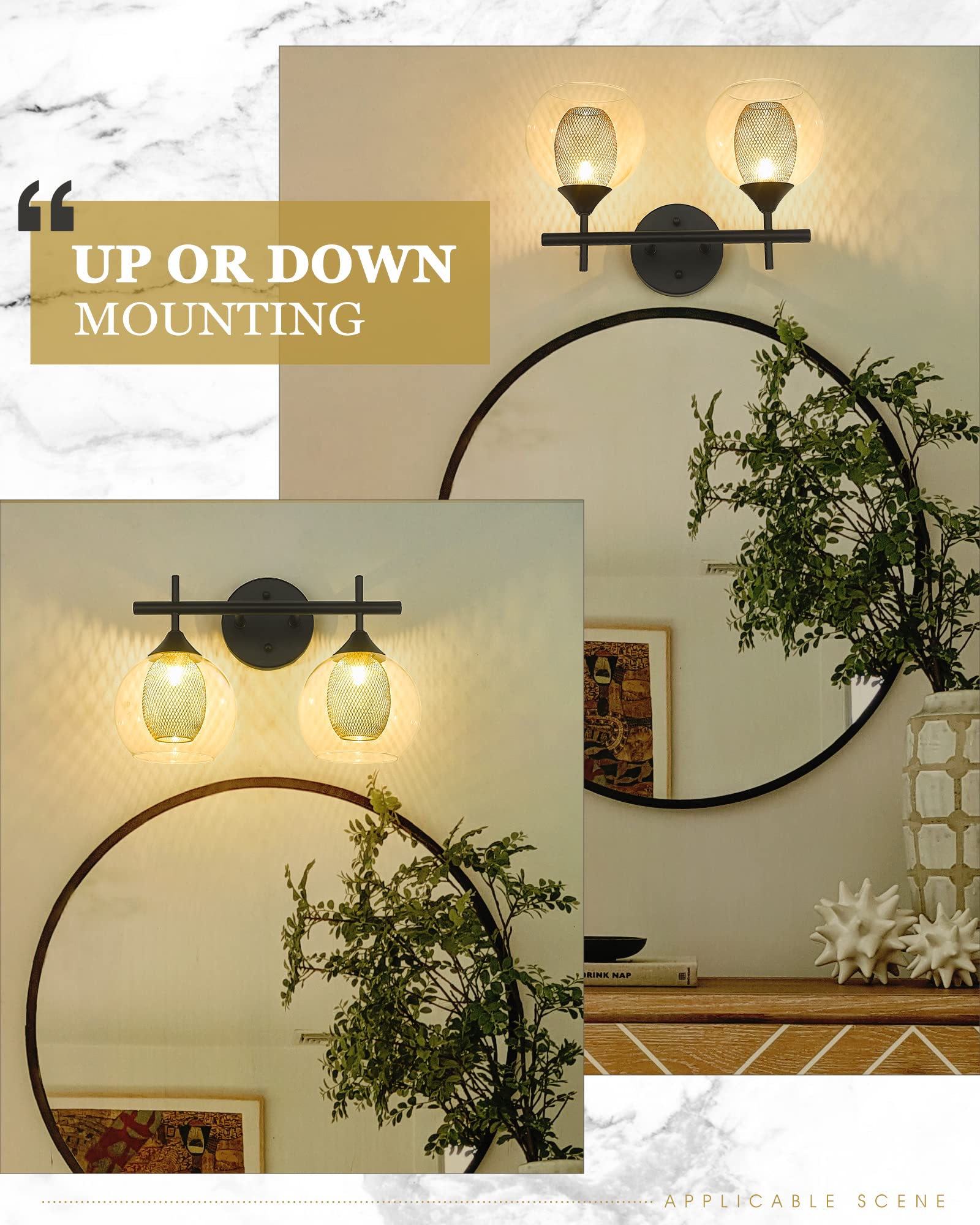 Audickic Black And Gold Bathroom Light Fixture, Farmhouse Wall Sconce Lighting With Clear Glass And Honeycomb Metal Shade, 2-Lig