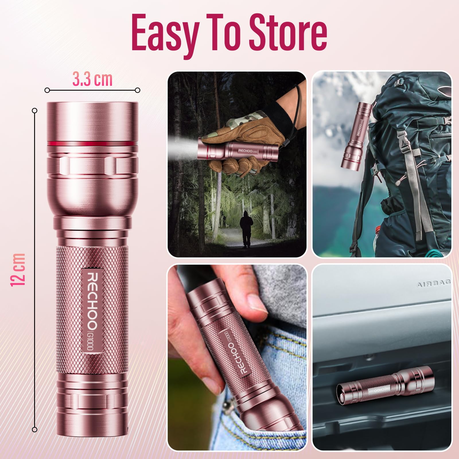 RECHOO G1000 Rechargeable Flashlight - Ultra Bright Pink LED, 3 Modes, Portable Tactical Light, 1 Pack for Camping and Gifts