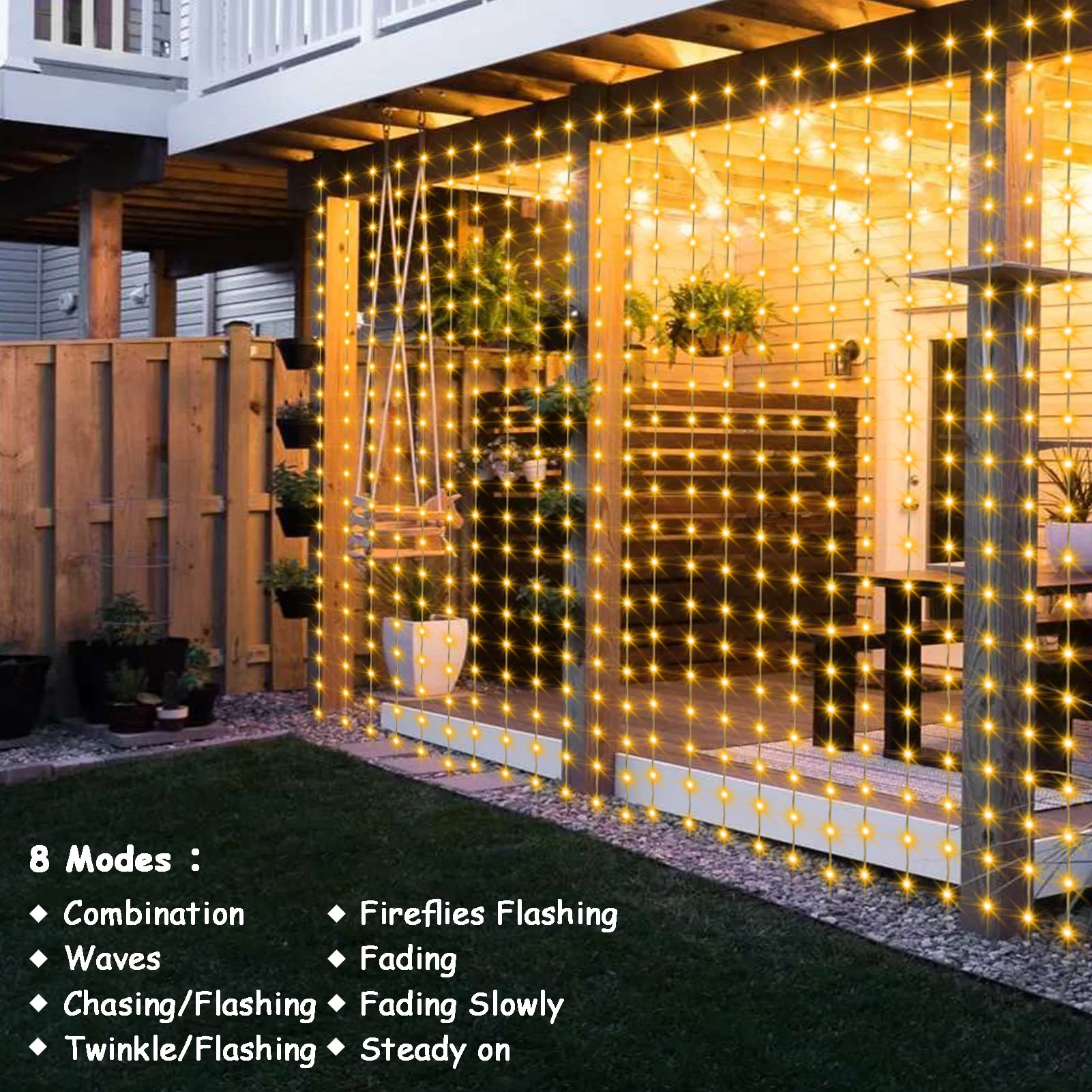 Lumbelle Fairy Curtain Lights Warm White Led Curtain Lights Usb Powered 8 Modes Hooks Outdoor Curtain String Lights Waterproof F