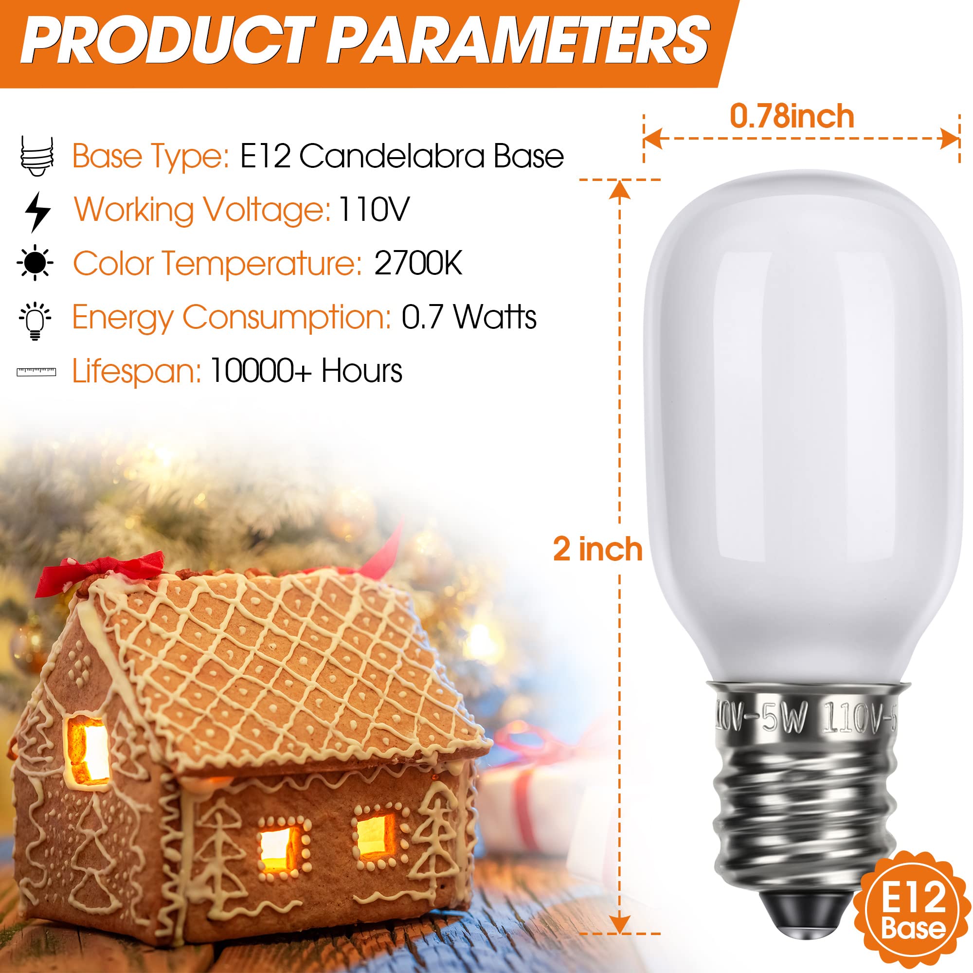 Meonum Christmas Village Replacement Light Bulbs  E12 Candelabra Base T20 Led Bulbs  0.7W 120V Replacement Light Accessories For Villages Houses  Christmas Tree  Halloween Pumpkin(48 Pieces)