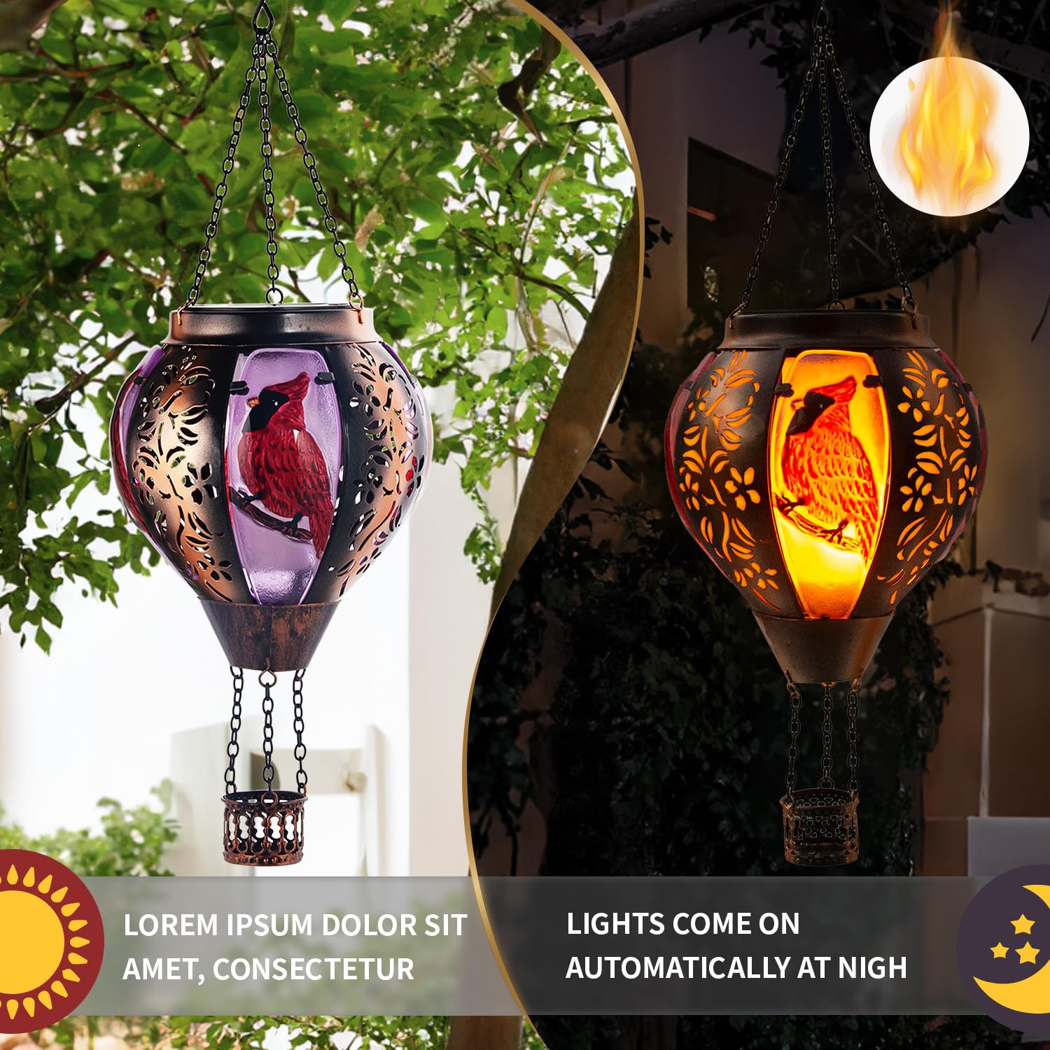 Hot Air Balloon Solar Lantern Cardinal Lights With Flickering Flame Solar Powered Led Lights Outdoor Waterproof Decorative Hanging Lights For Garden Patio Pathway Yard Porch Decor