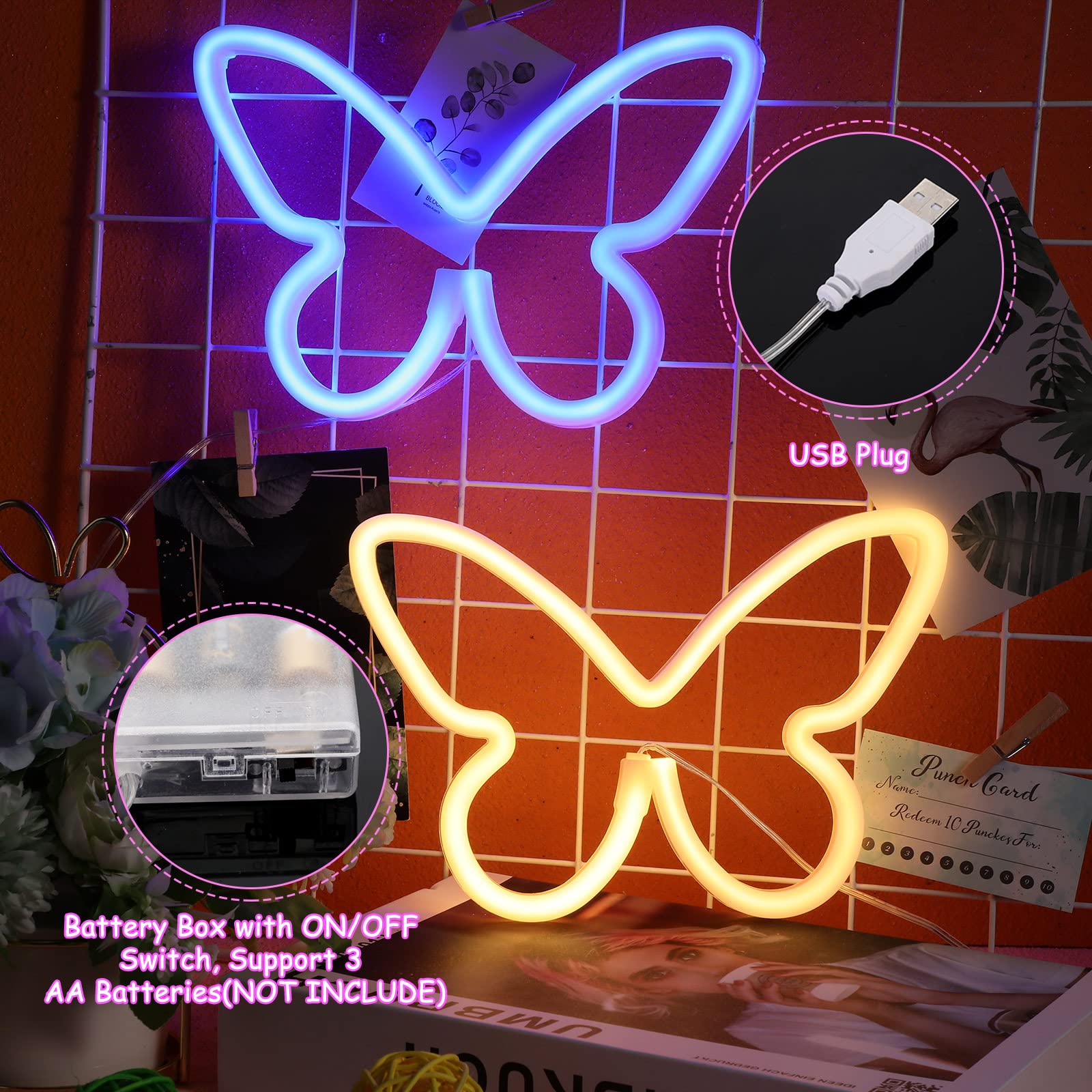 Riakrum Butterfly LED Neon Light Decor - 2 Pcs, USB & Battery Operated, Blue & Warm White, Model Riakrum-Signs Butterfly LED Light-026