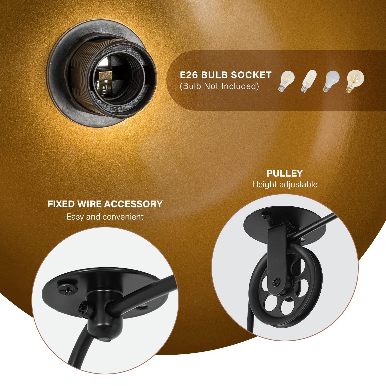 Kighsin Modern Plug In Pulley Black And Brass Domed Pendant Light With 19.4Ft Cord On/Off Switch, Retro Metal Barn Hanging Ceili