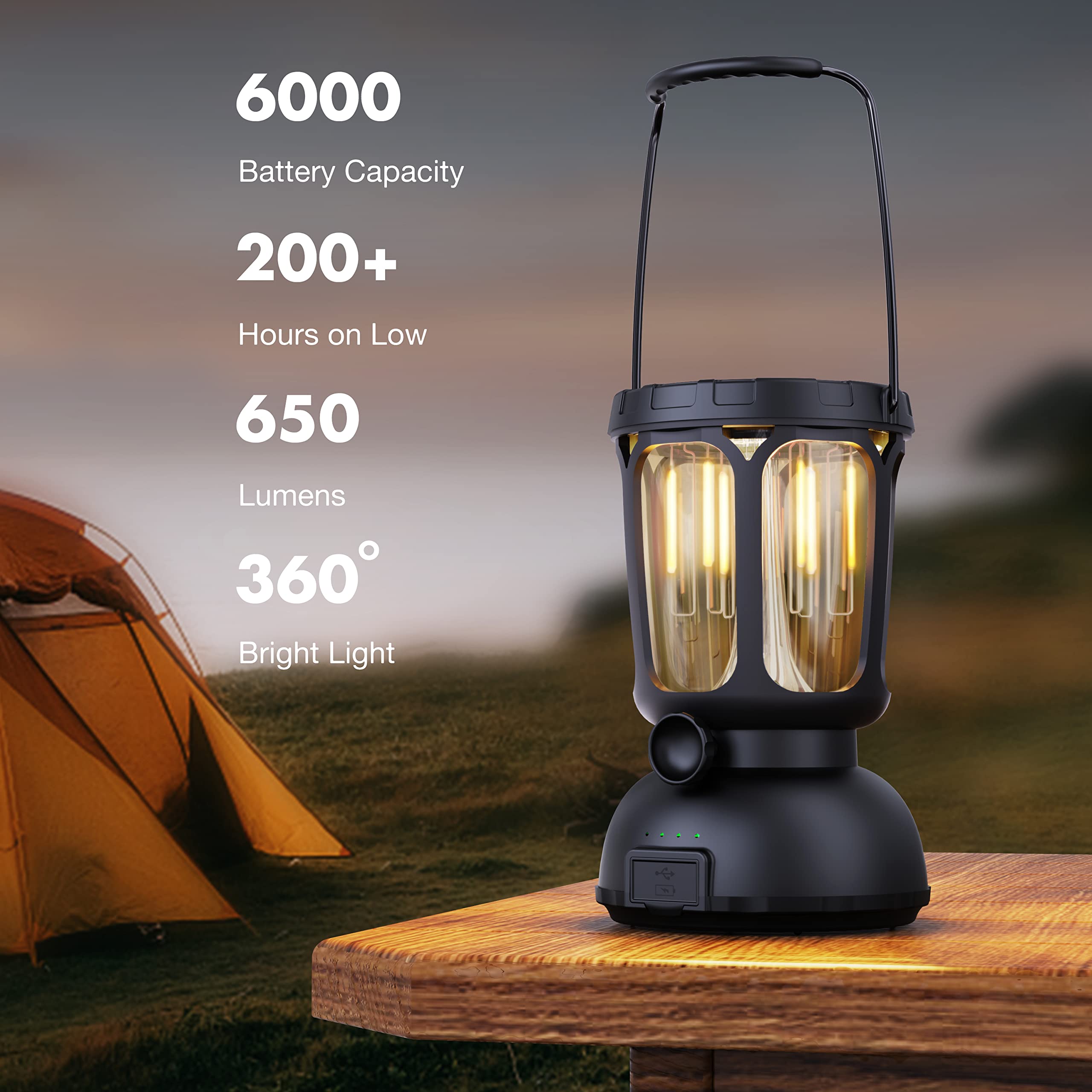 Raynic 6000 LED Camping Lantern - 650LM Rechargeable, Hand Crank, Solar, Black, Portable for Emergencies and Outdoors