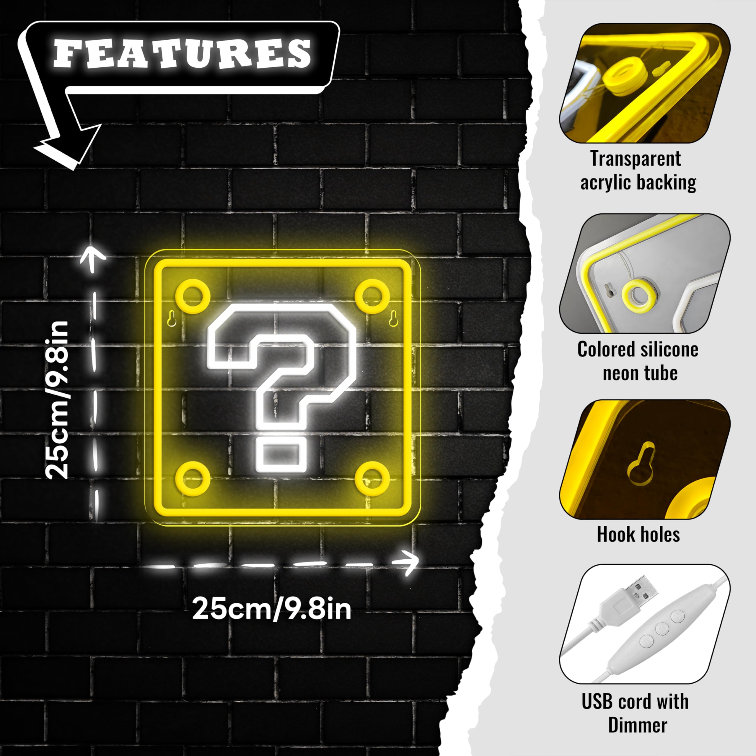 VIKLIU Neon Question Block Sign, Dimmable USB Powered LED Light, 9.84x9.84 inches, Acrylic Wall Decor for Game Room and Kids Room